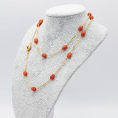 Vintage 18k Yellow Gold Necklace – Faceted Coral Beads, Art Deco Style, 80cm