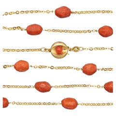 Vintage 18k Yellow Gold Necklace – Faceted Coral Beads, Art Deco Style, 80cm