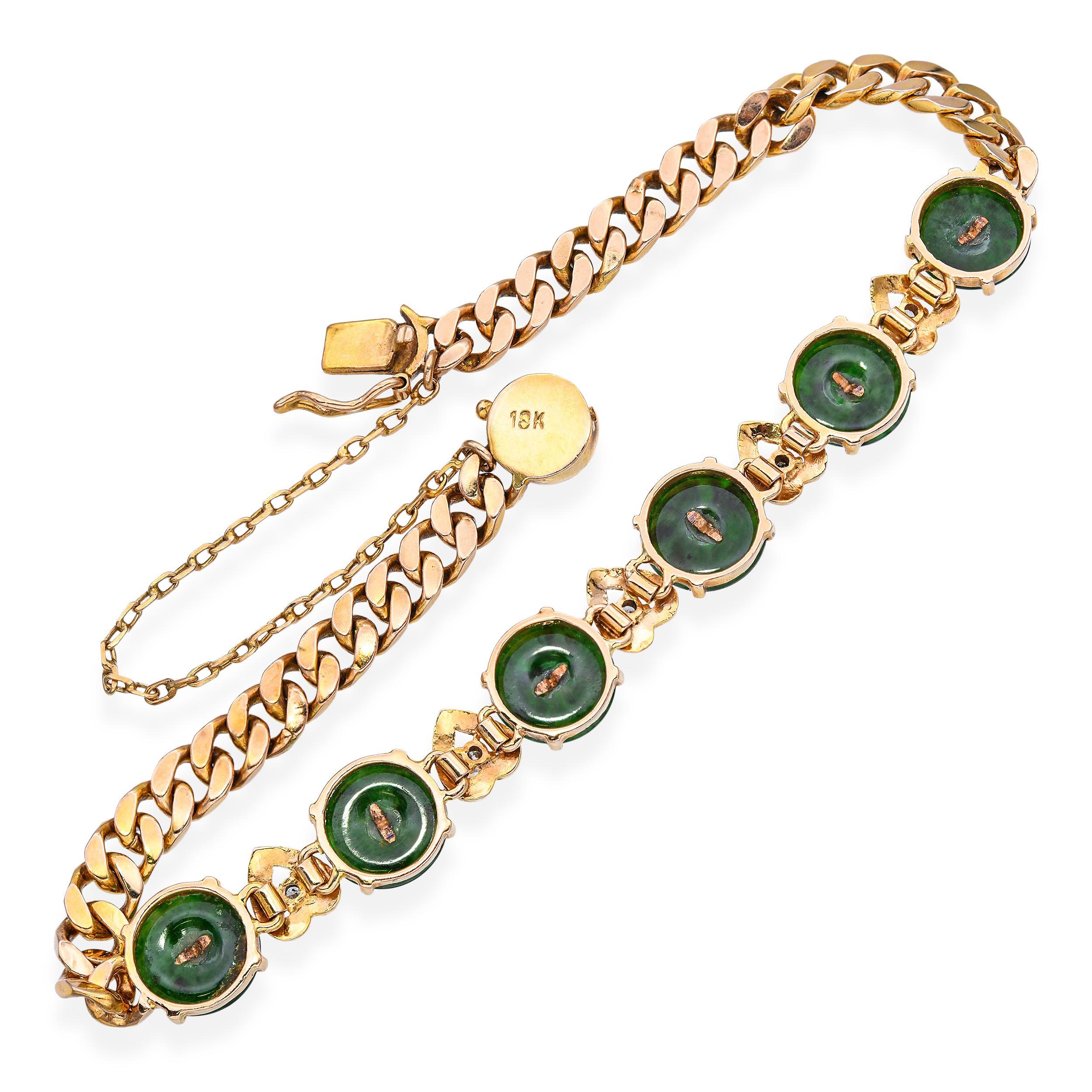 Vintage 18k Yellow Gold Nephrite Jade Donut Link and Diamond Bracelet Bon état - En vente à New York, NY