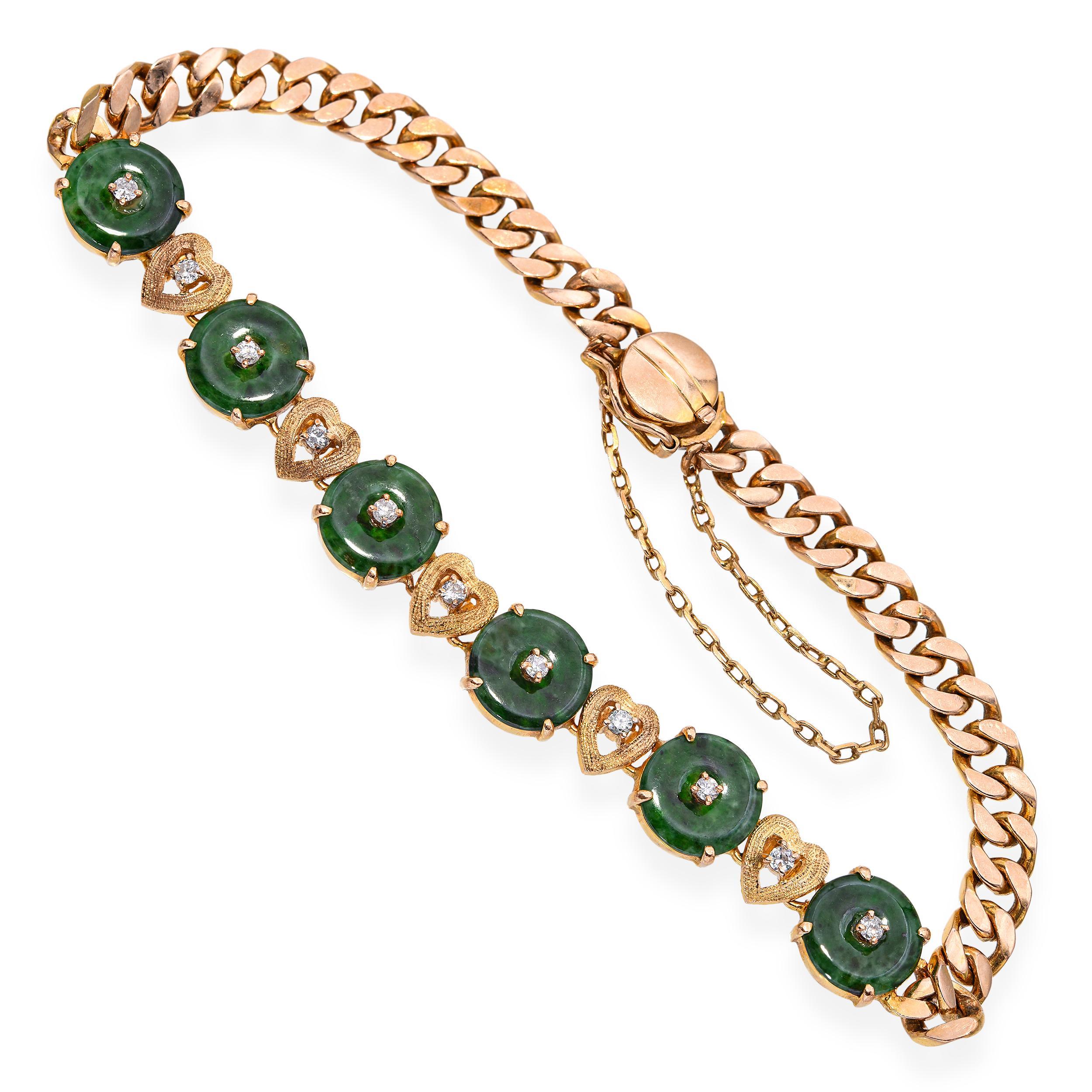 Vintage 18k Yellow Gold Nephrite Jade Donut Link and Diamond Bracelet Pour femmes en vente