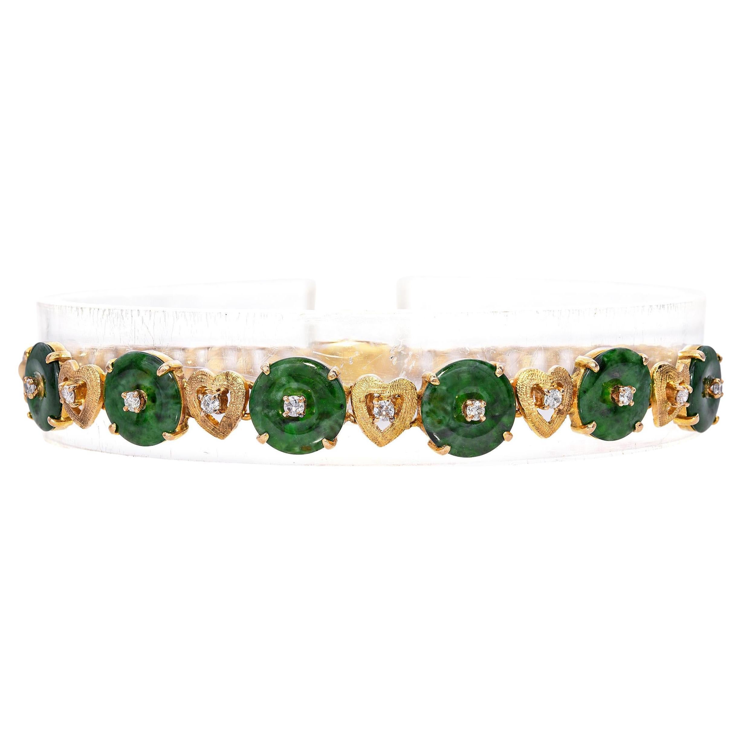 Vintage 18k Yellow Gold Nephrite Jade Donut Link and Diamond Bracelet