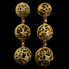 Vintage 18k Gelbgold Old Cut Diamant & Emaille offene Arbeit baumeln Ohrringe
