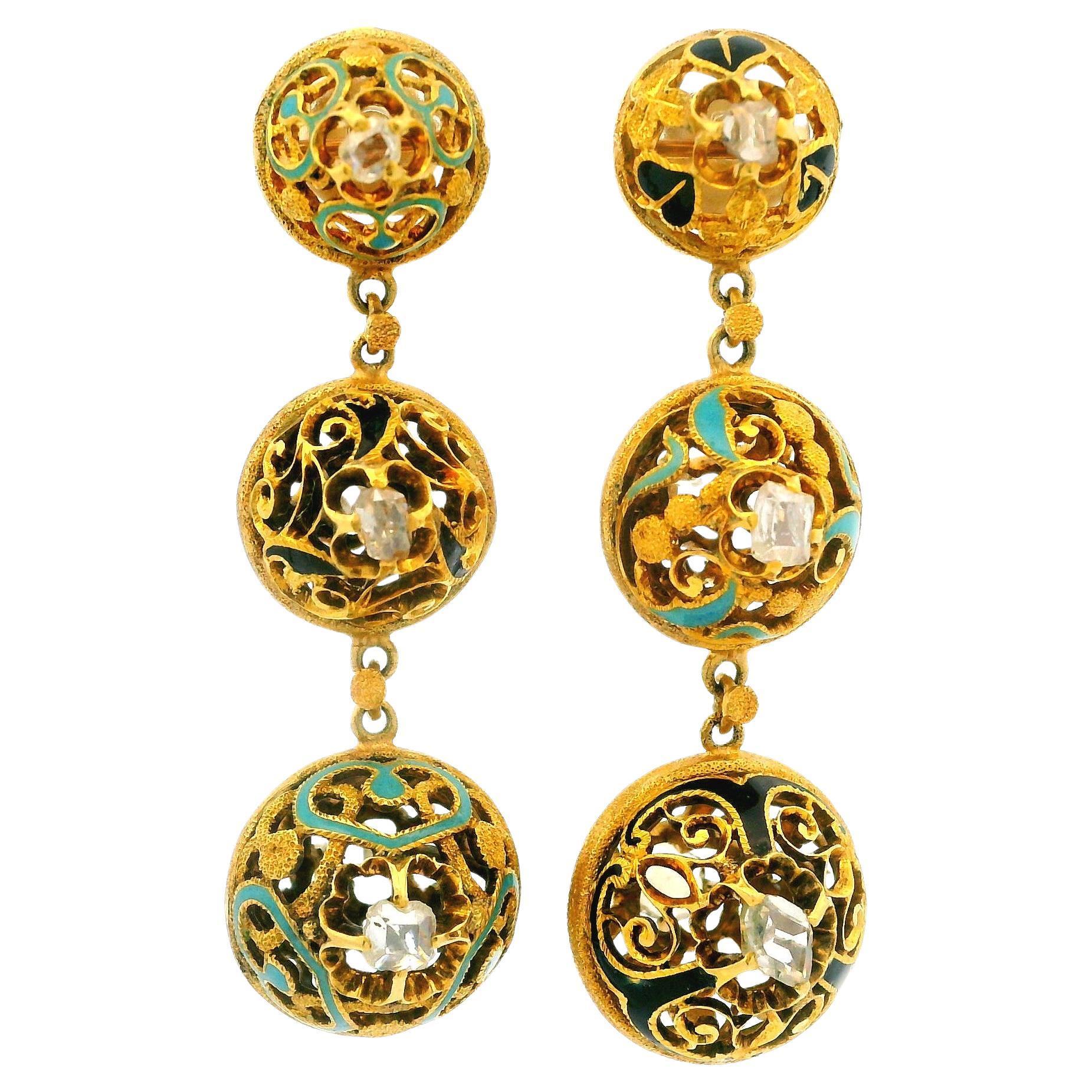 Vintage 18k Yellow Gold Old Cut Diamond & Enamel Open Work Dangle Drop Earrings