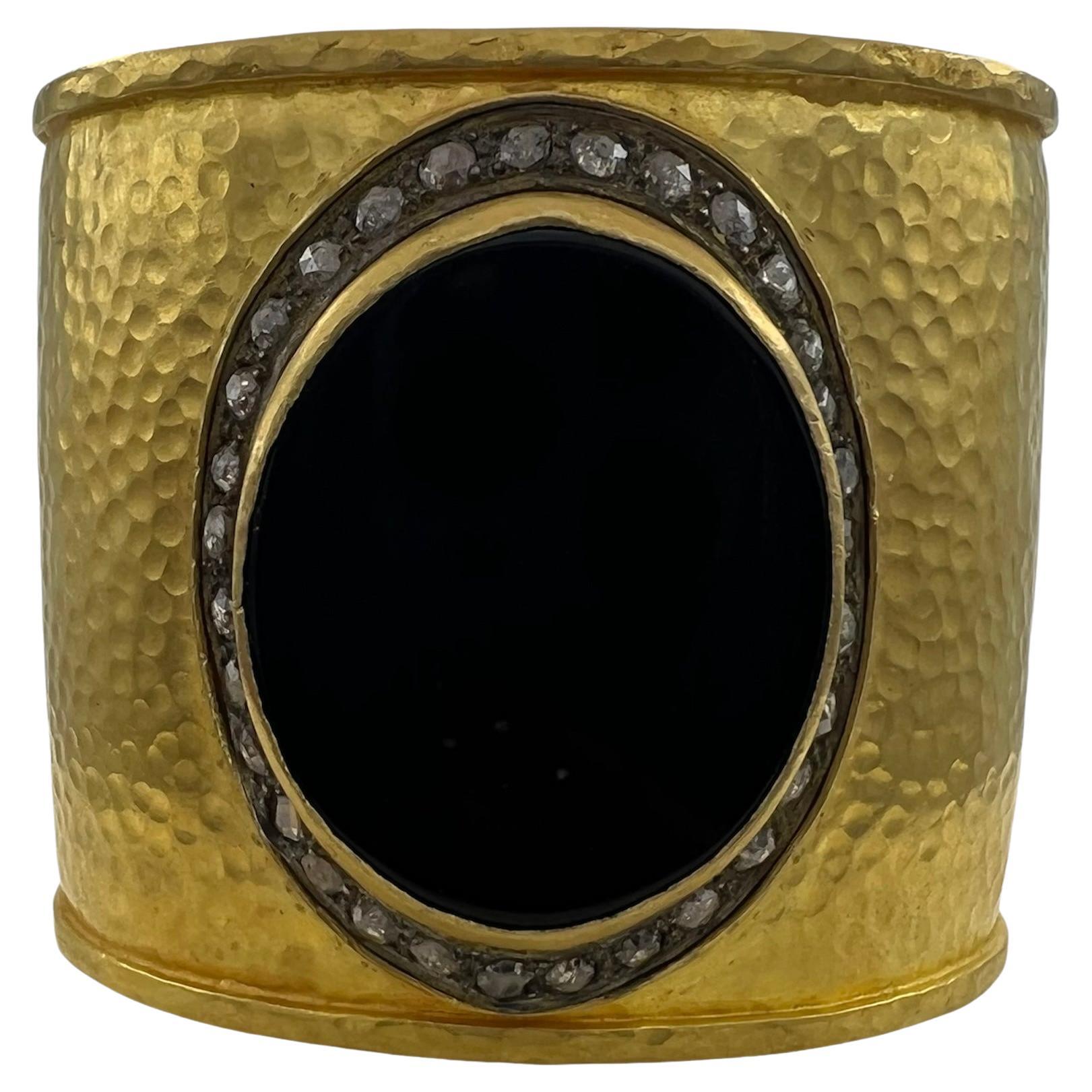 Vintage 18K Yellow Gold, Onyx & Dimond Cuff Bracelet 