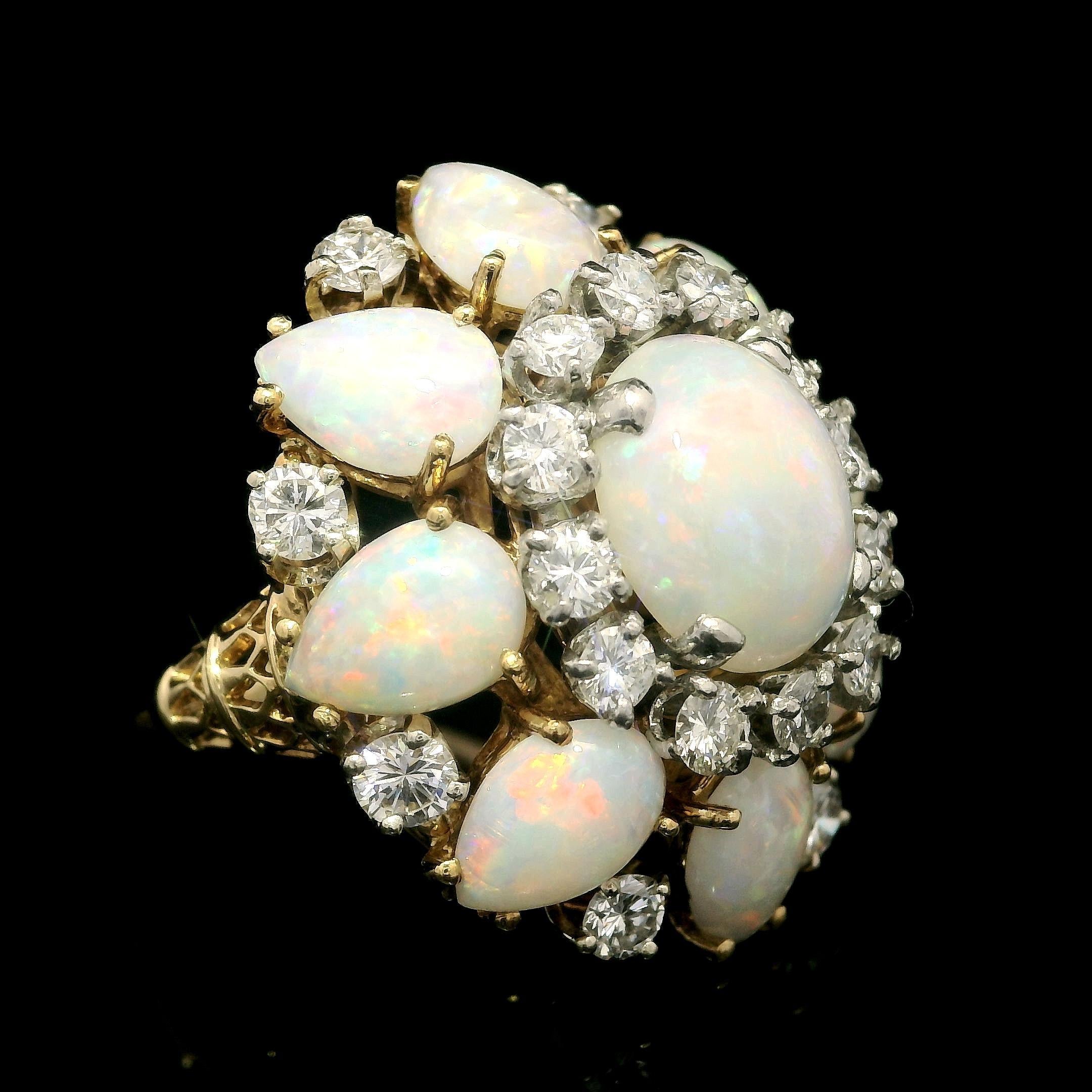 Vintage 18k Yellow Gold Opal & 1.40ctw Diamond Large Bombe Cocktail Ring For Sale 7