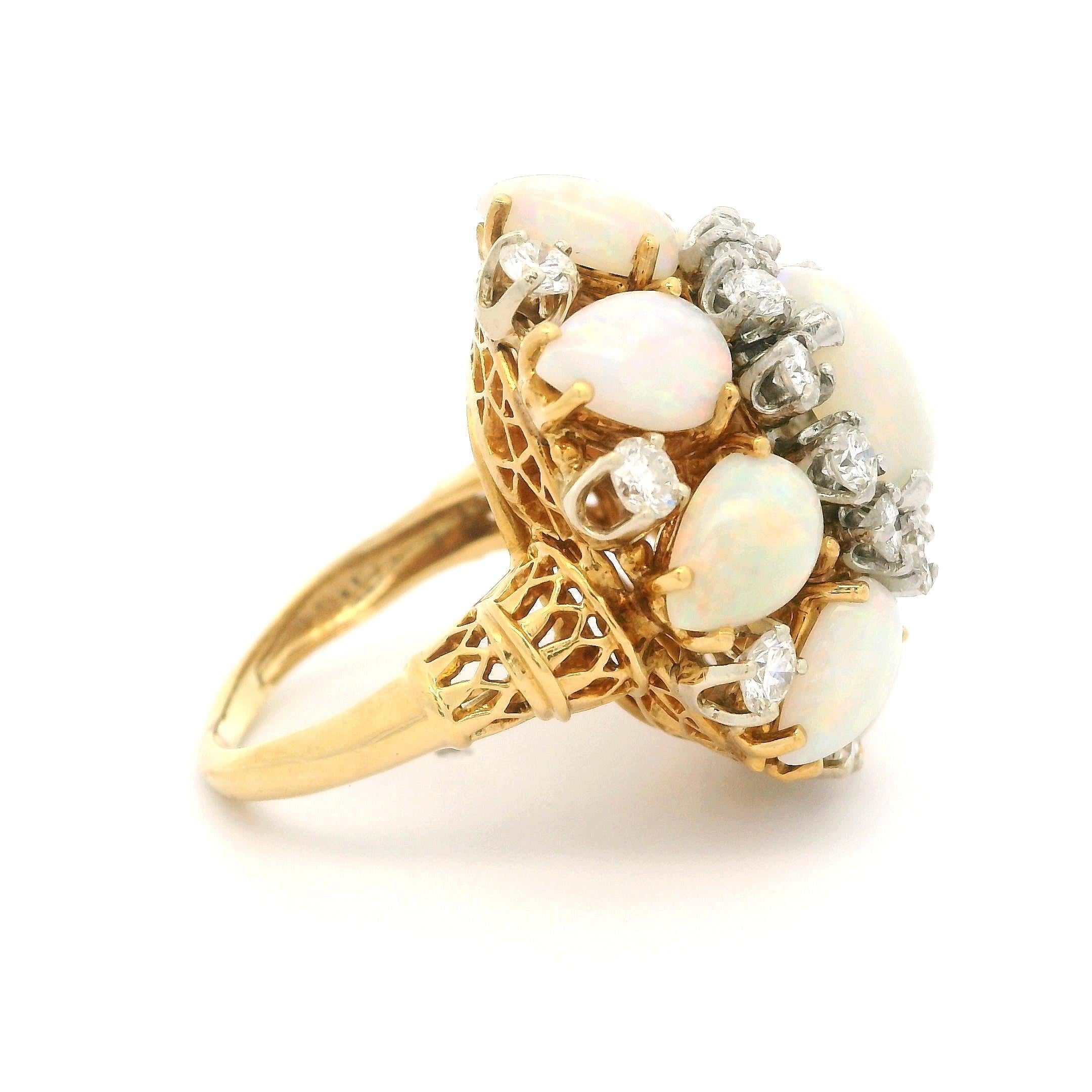 Cabochon Vintage 18k Yellow Gold Opal & 1.40ctw Diamond Large Bombe Cocktail Ring For Sale