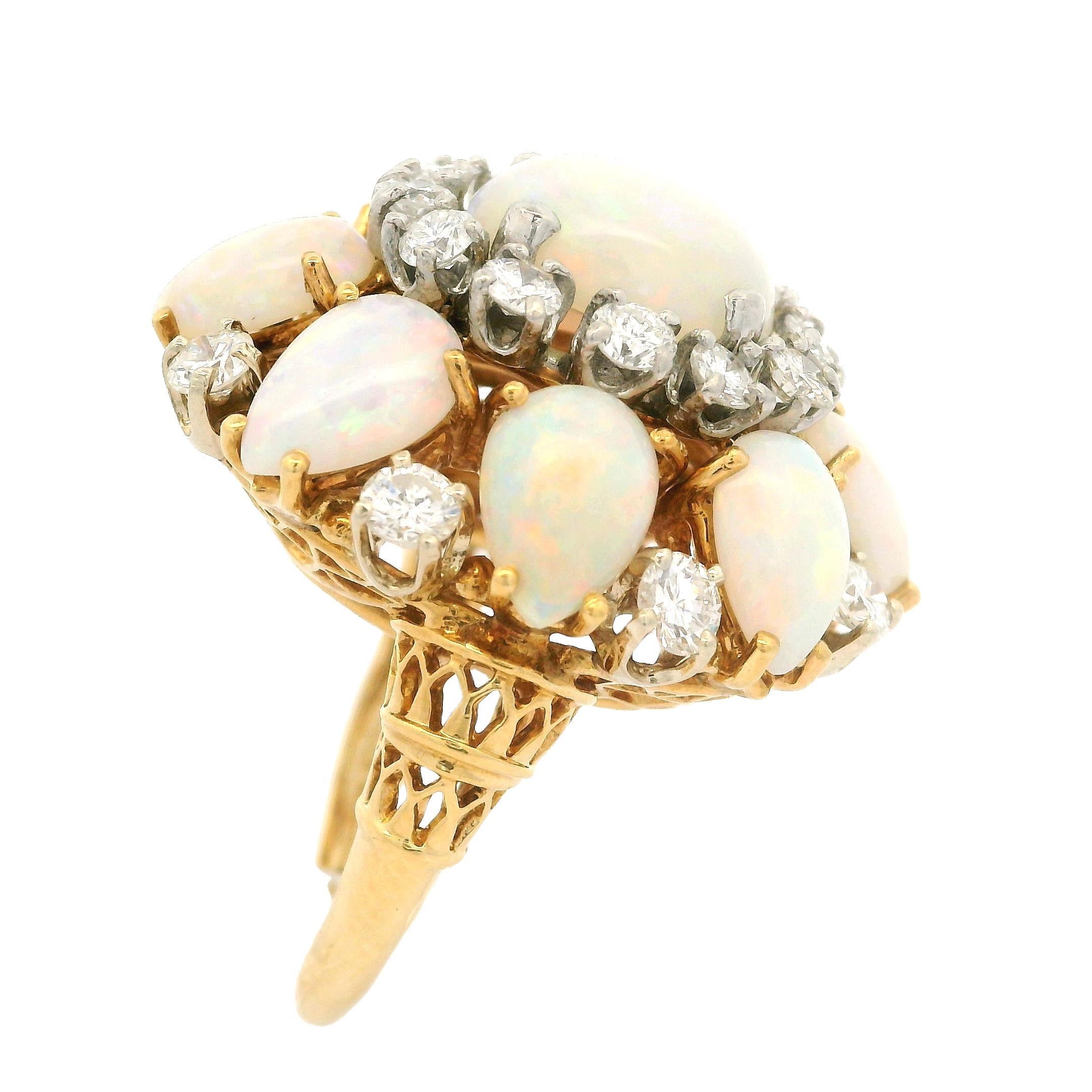 Vintage 18k Yellow Gold Opal & 1.40ctw Diamond Large Bombe Cocktail Ring In Good Condition For Sale In Montclair, NJ