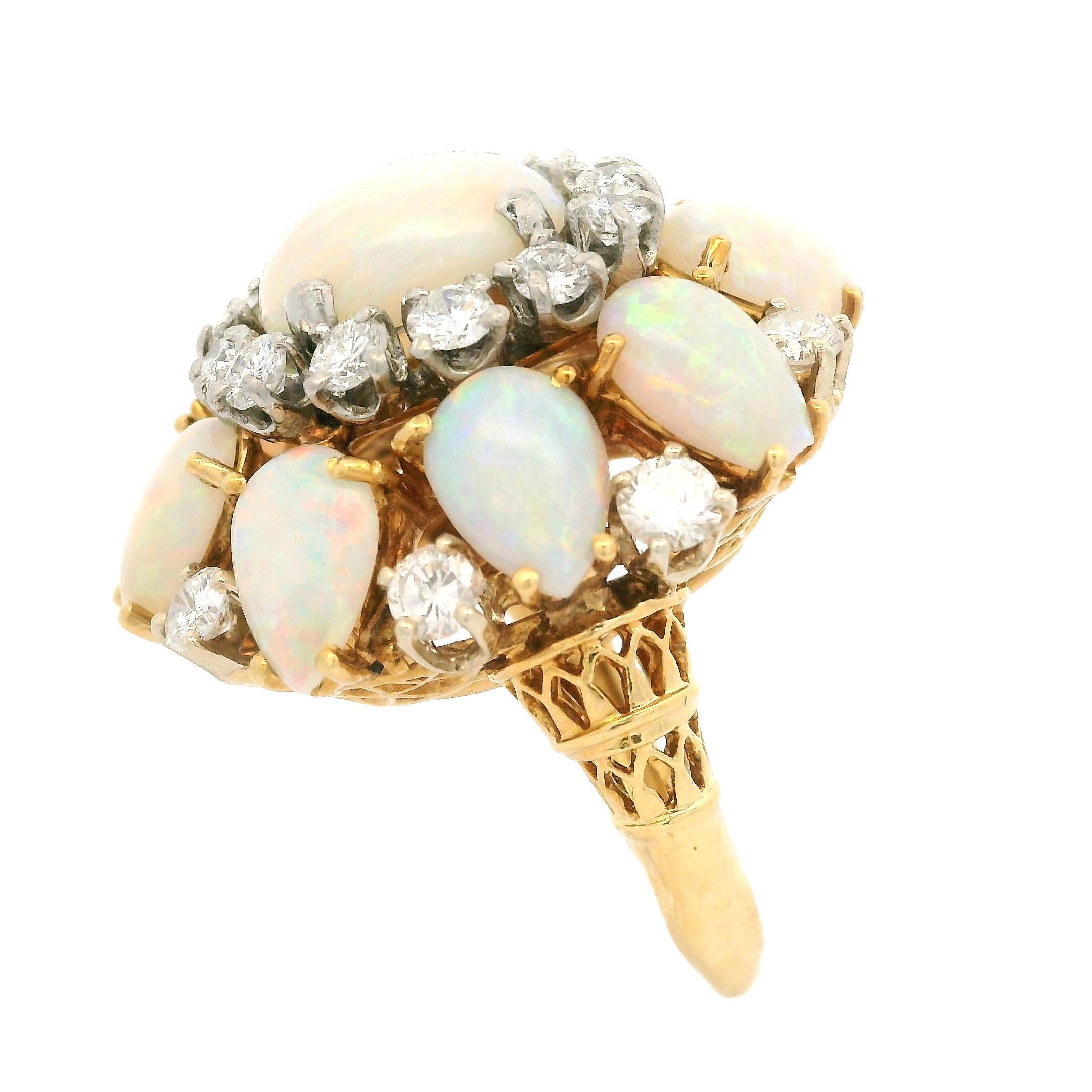 Women's Vintage 18k Yellow Gold Opal & 1.40ctw Diamond Large Bombe Cocktail Ring For Sale