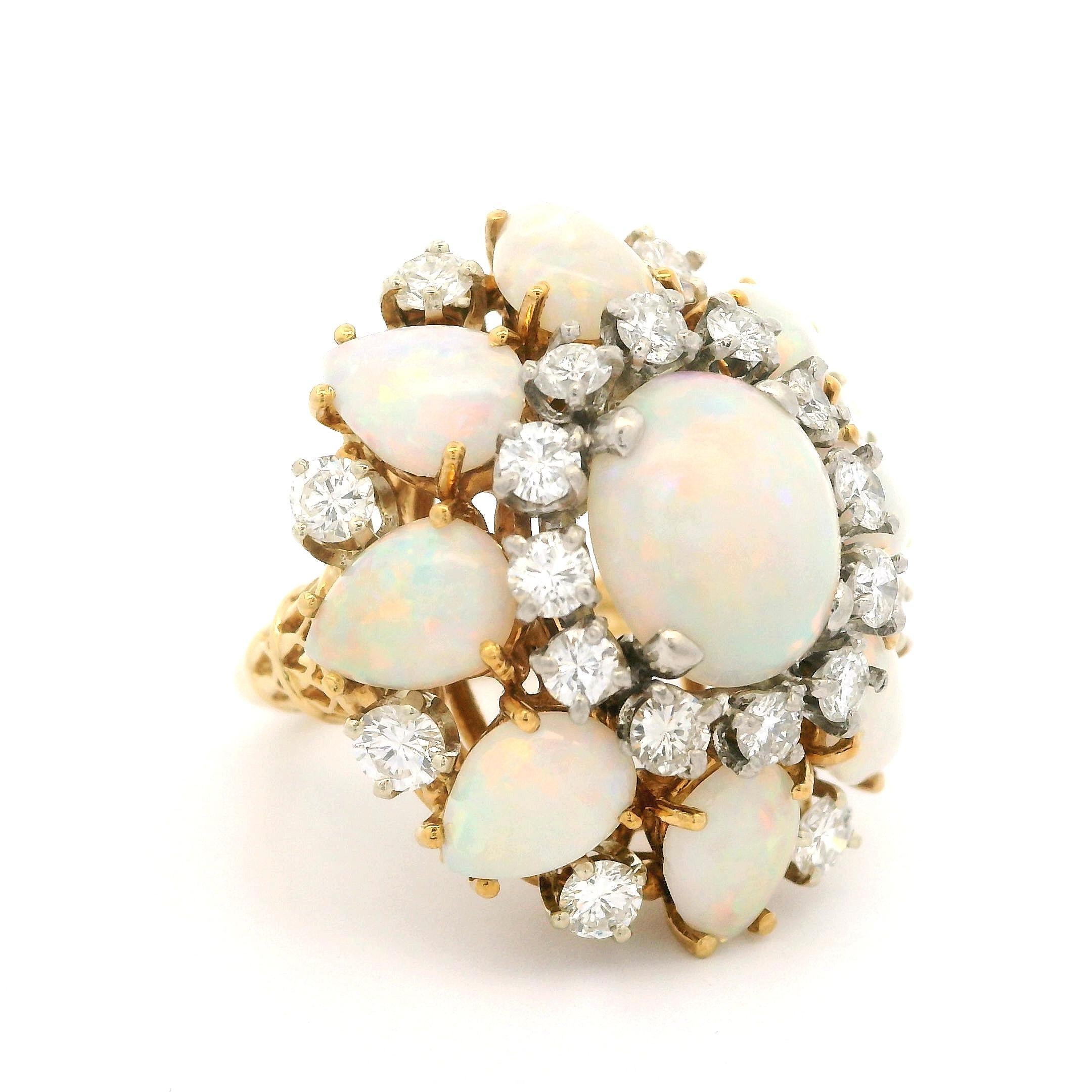 Vintage 18k Yellow Gold Opal & 1.40ctw Diamond Large Bombe Cocktail Ring For Sale 2