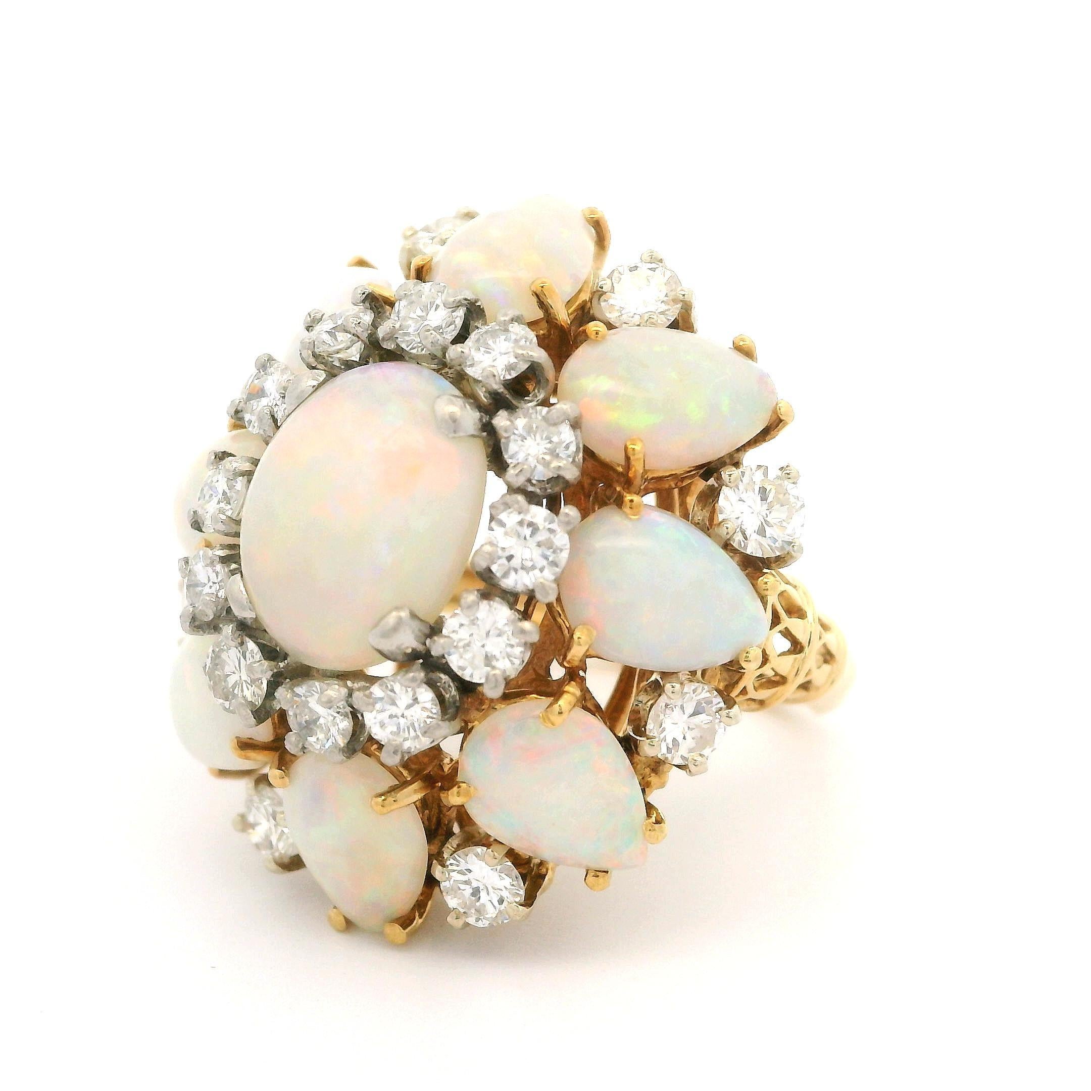 Vintage 18k Yellow Gold Opal & 1.40ctw Diamond Large Bombe Cocktail Ring For Sale 3