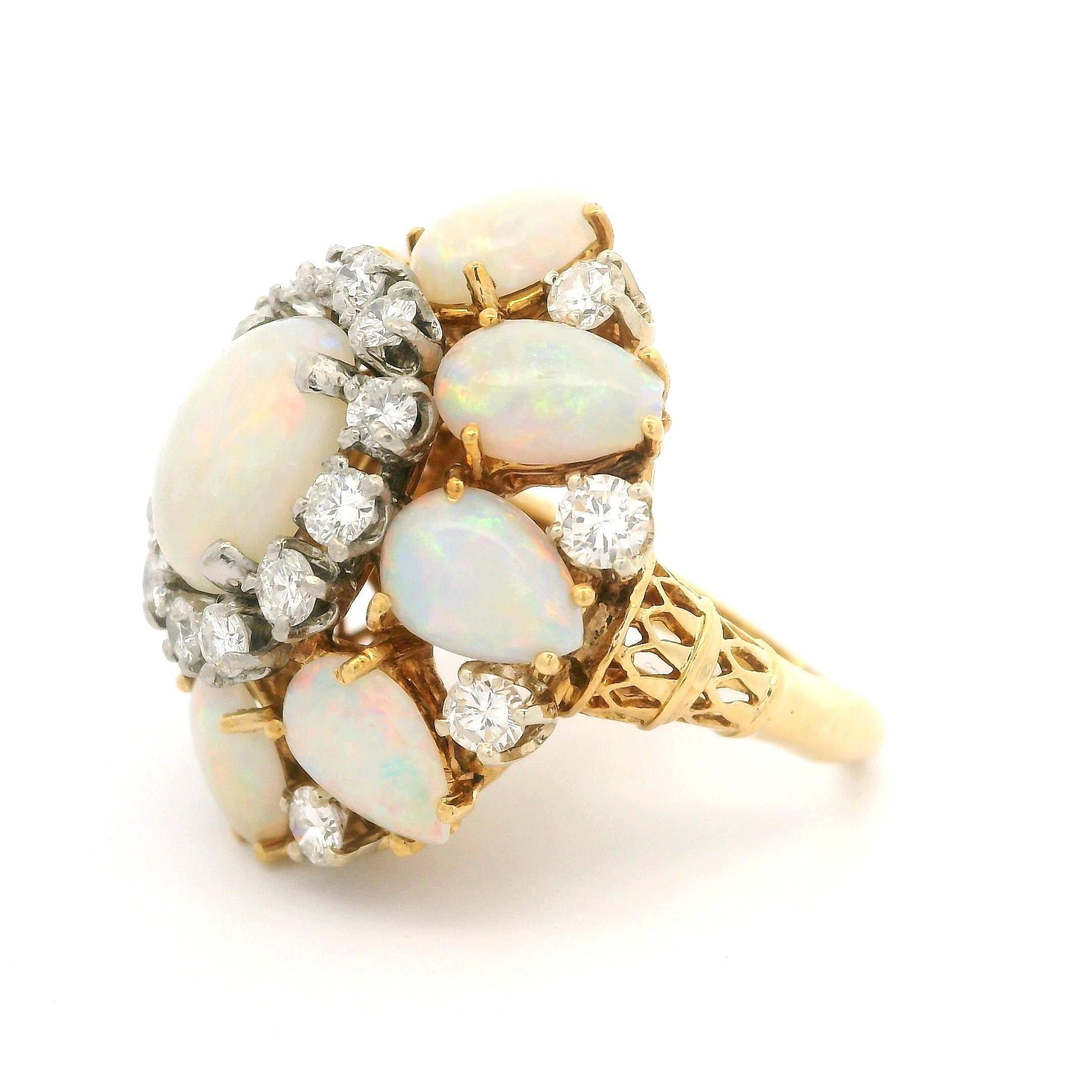 Vintage 18k Yellow Gold Opal & 1.40ctw Diamond Large Bombe Cocktail Ring For Sale 4