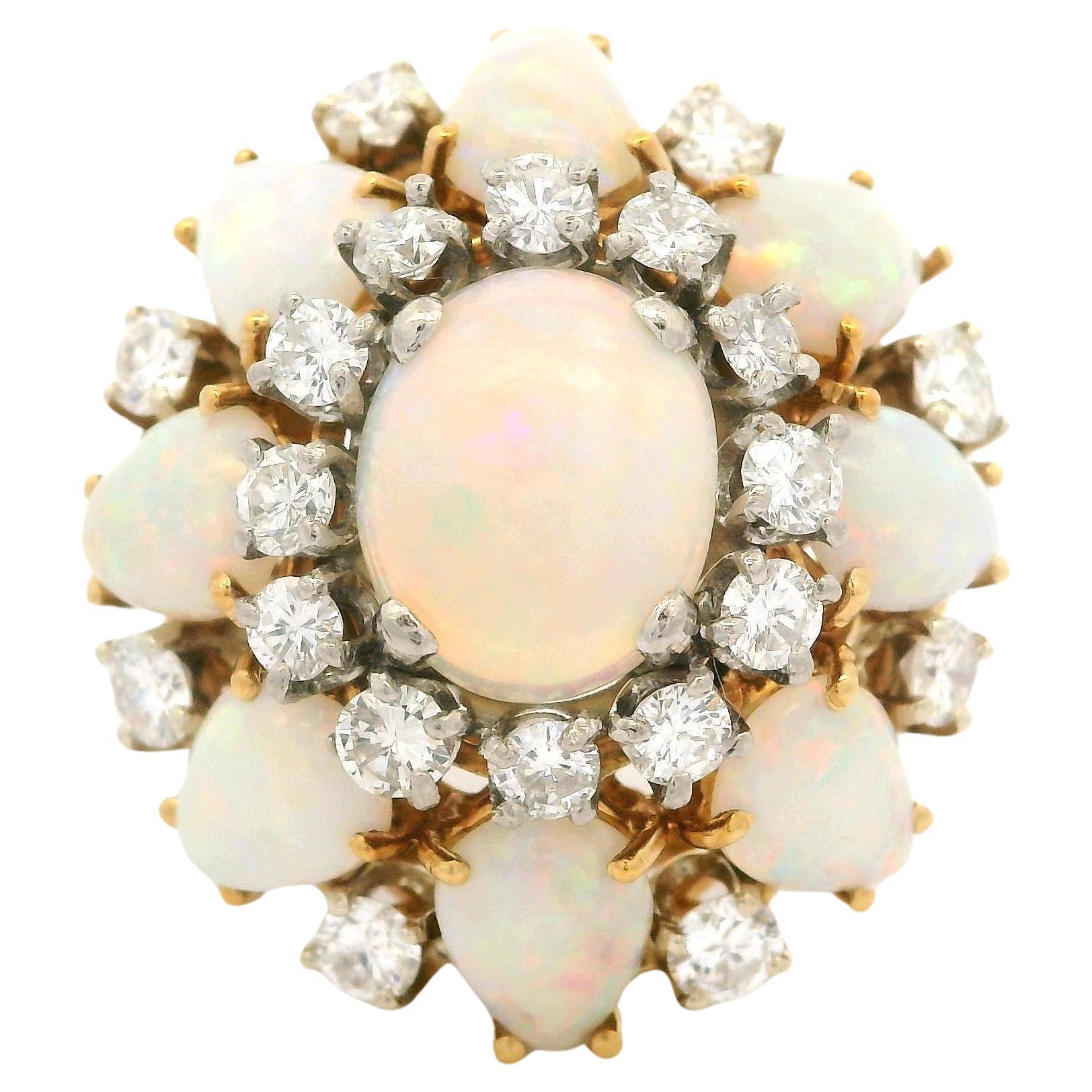Vintage 18k Yellow Gold Opal & 1.40ctw Diamond Large Bombe Cocktail Ring