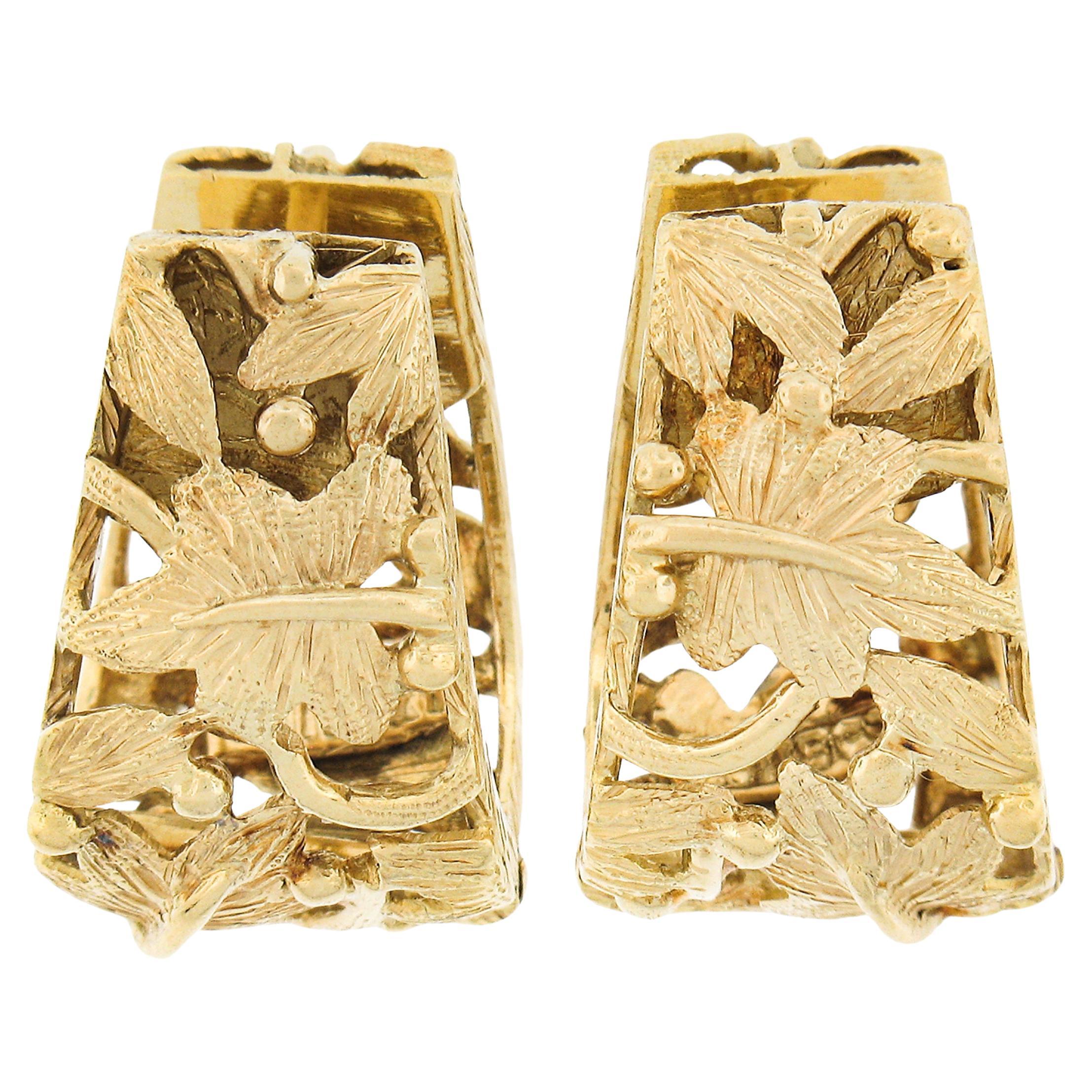 Vintage 18K Yellow Gold Open Leaf Textured Finish Wide Hoop Huggie Snap Earrings For Sale