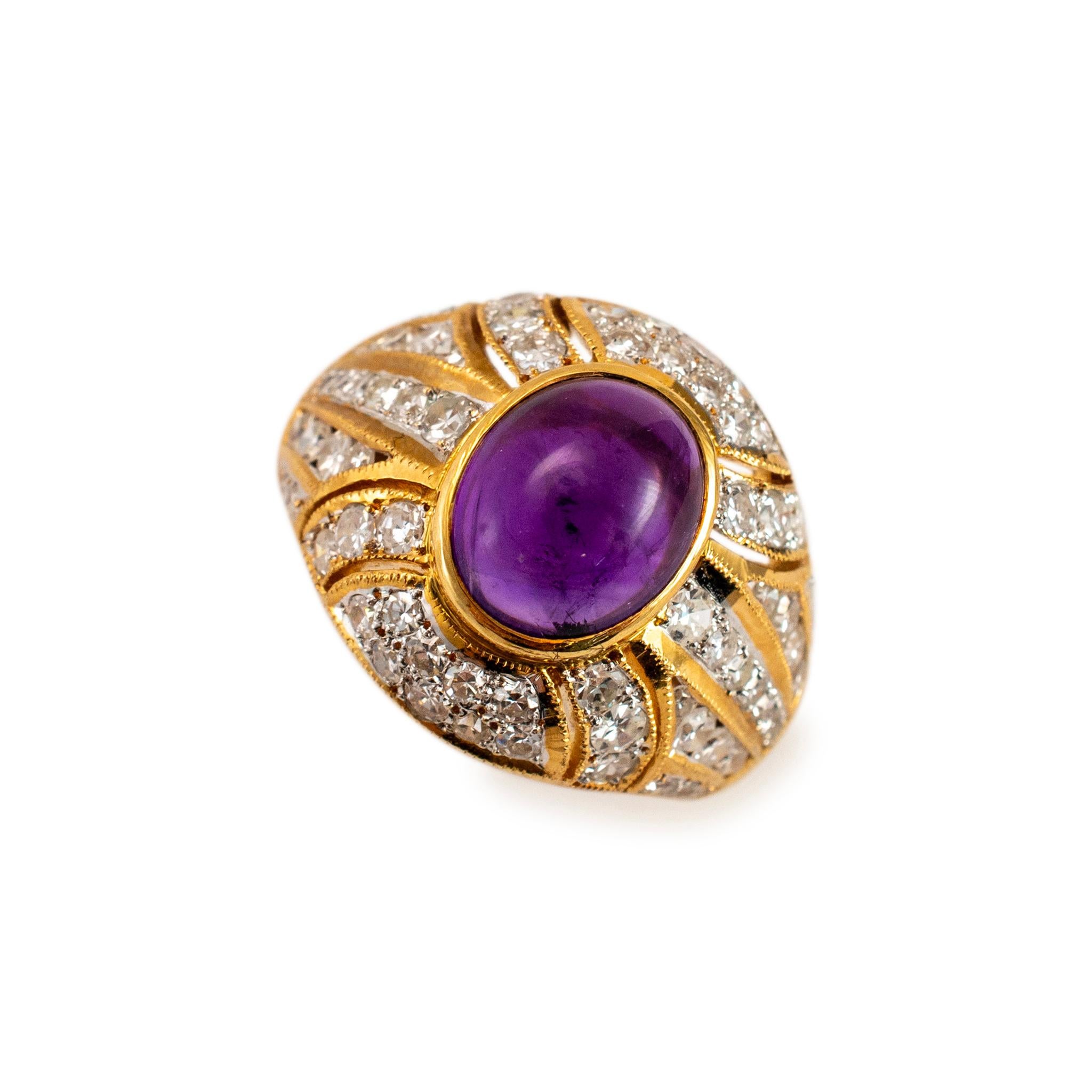 Gender: Ladies

Metal Type: 18K Yellow Gold

Ring Size: 7

Width: 18.35 mm tapering to 4.05 mm

Weight: 10.61 grams

18K Yellow Gold vintage diamond and amethyst cocktail ring with a tapered, comfort-fit shank. The metal was tested and determined to