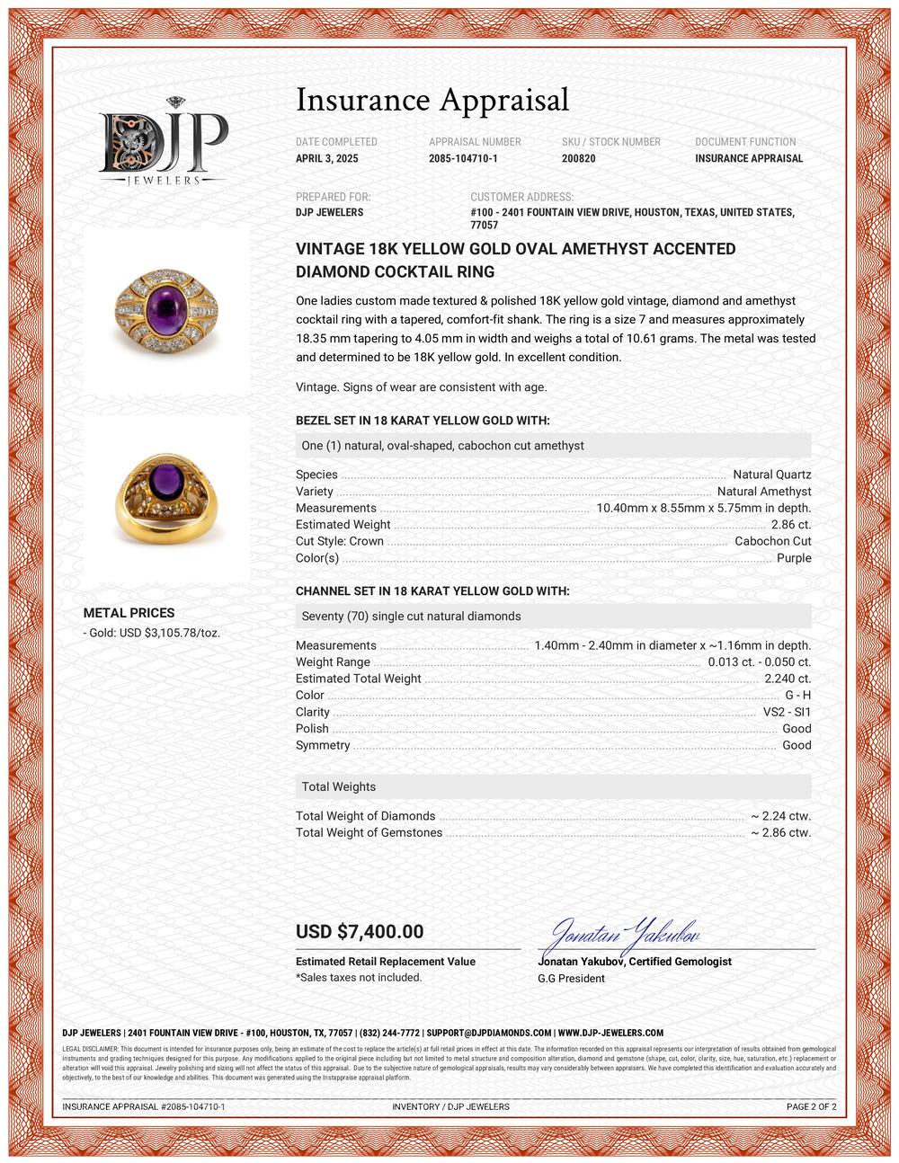 Vintage 18K Yellow Gold Oval Amethyst Accented Diamond Cocktail Ring For Sale 2
