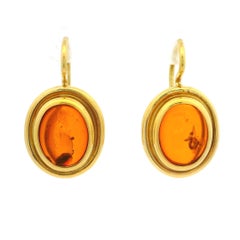 Vintage 18k Gelbgold Oval Cabochon Bernstein Hebel zurück Tropfen Ohrringe