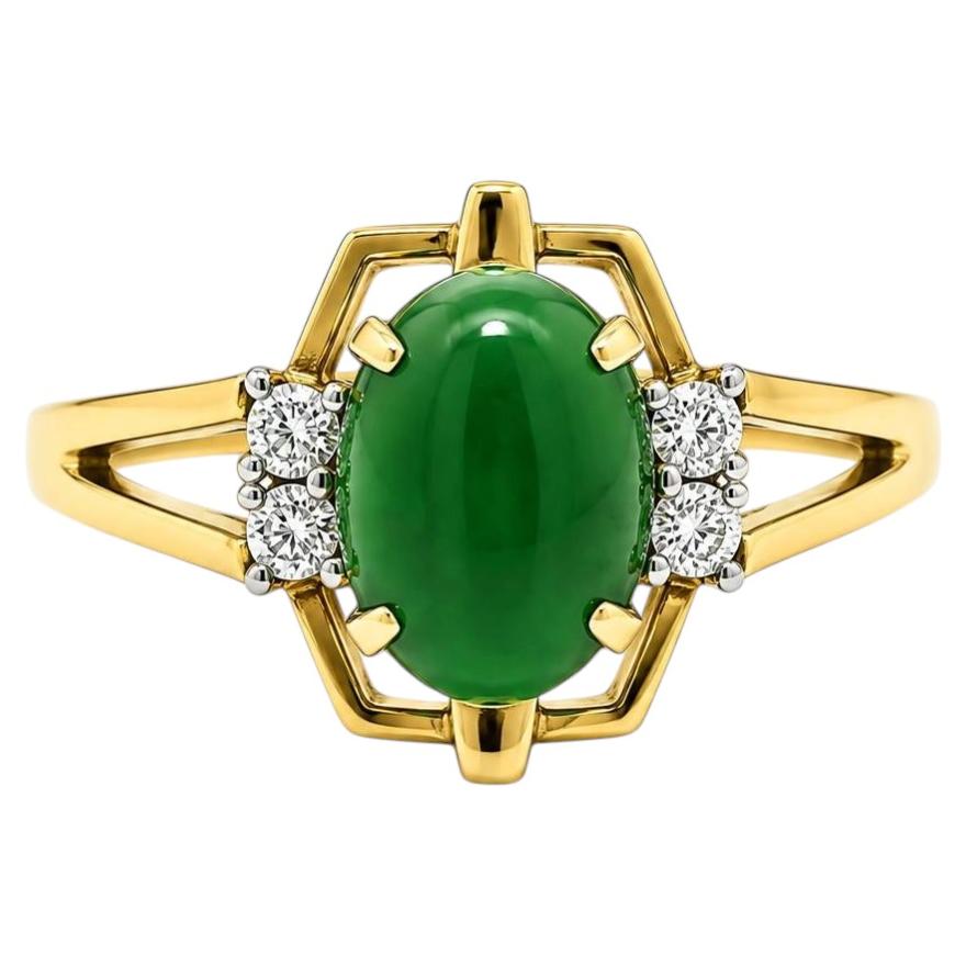 Vintage 18k Yellow Gold Oval Cabochon Jade w/ Diamond Open Work Petite Ring