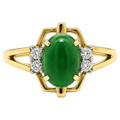 Vintage 18k Yellow Gold Oval Cabochon Jade w/ Diamond Open Work Petite Ring