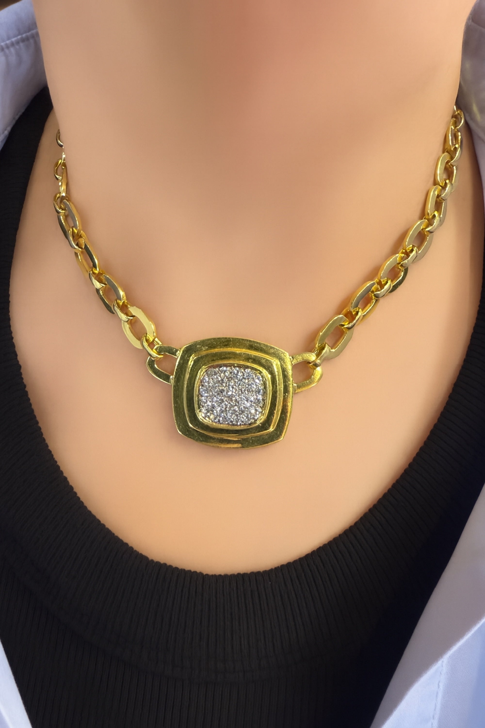 1970s Joseph Boris 18K Yellow Gold Necklace with Diamond Pavé Pendant, Signed For Sale
