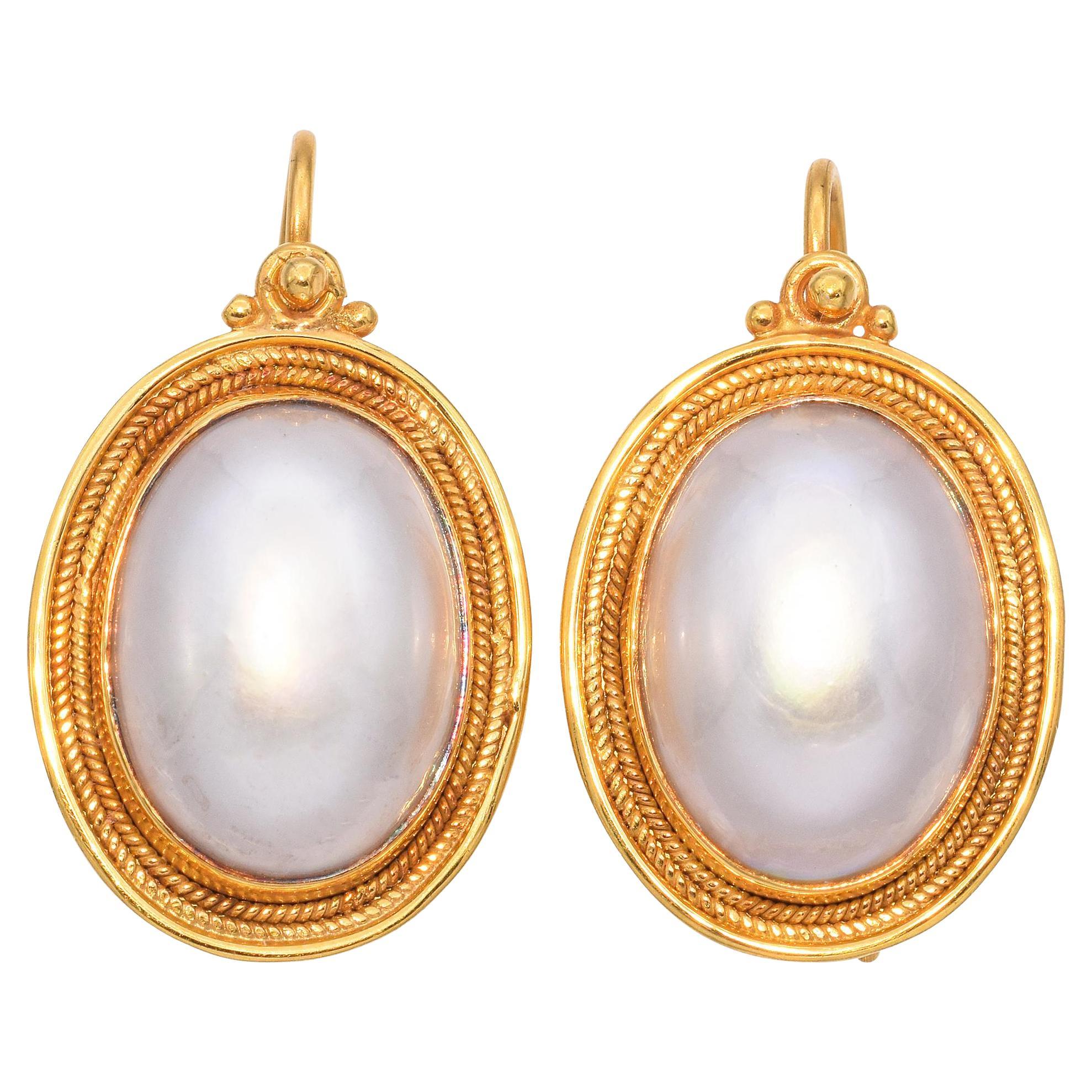 Vintage 18k Yellow Gold Oval Mabe Pearl Earrings