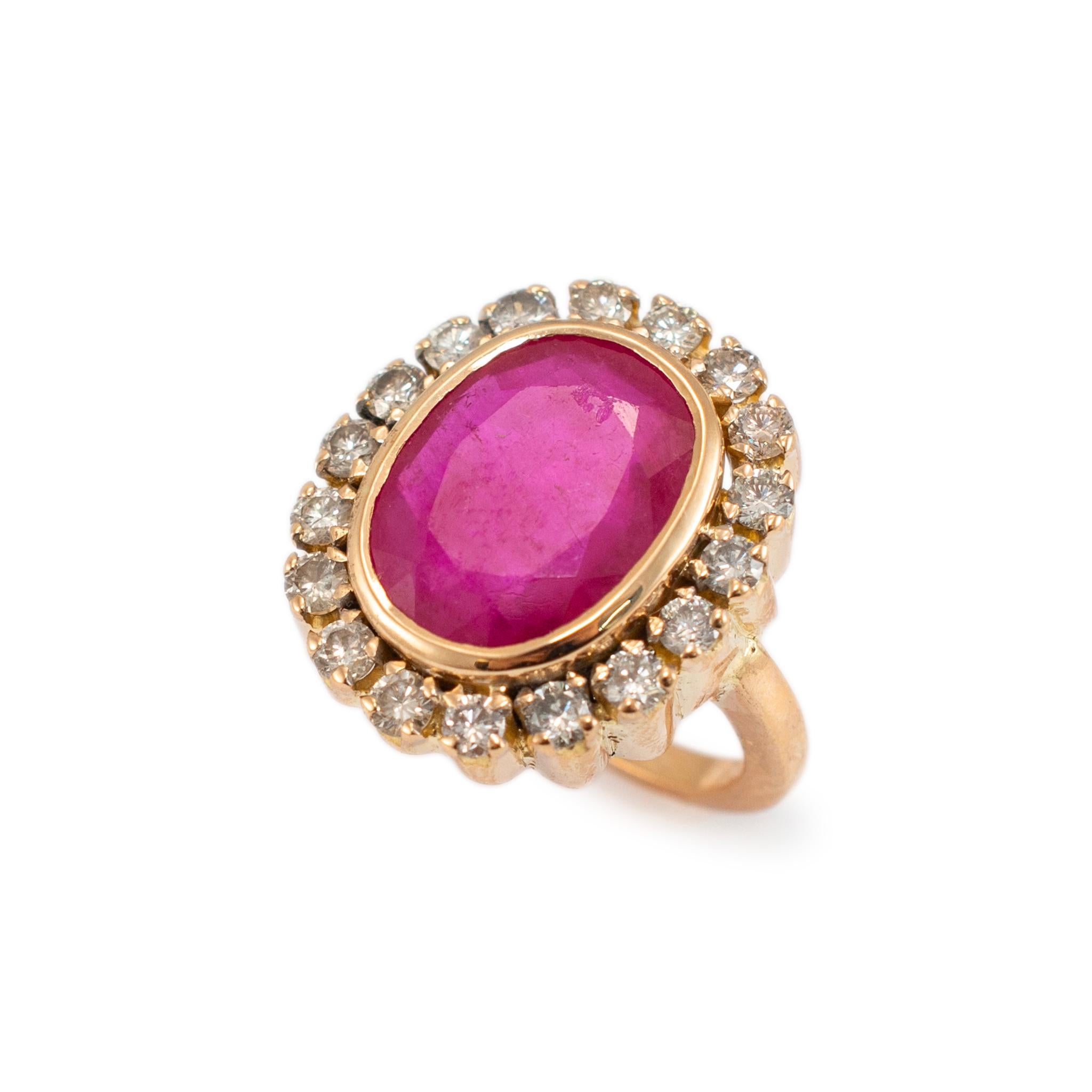 Gender: Ladies

Metal Type: 18K Yellow Gold

Ring Size: 5

Shank Measures: 1.87 mm

Weight: 8.11 grams

18K Yellow Gold diamond and ruby vintage halo cocktail ring with a half round shank. The metal was tested and determined to be 18K yellow gold.