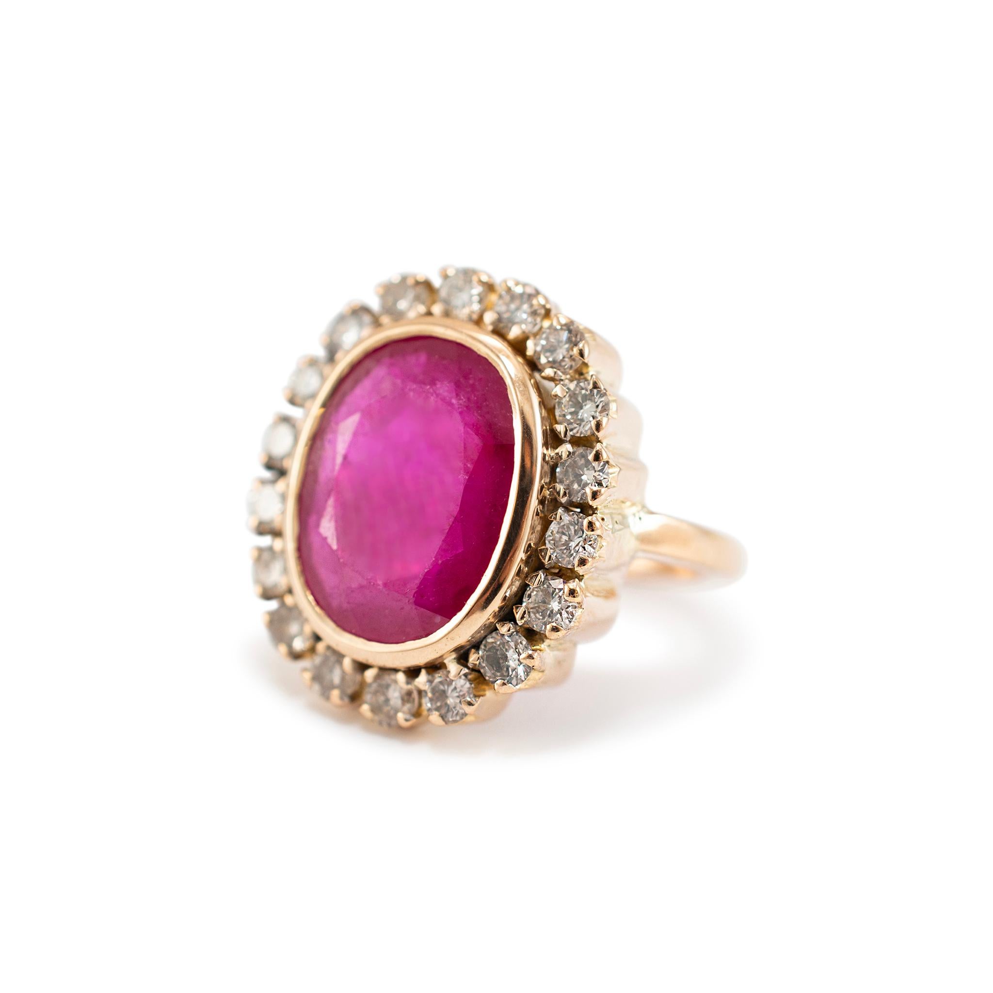 Oval Cut Vintage 18K Yellow Gold Oval Ruby Halo Diamond Cocktail Ring