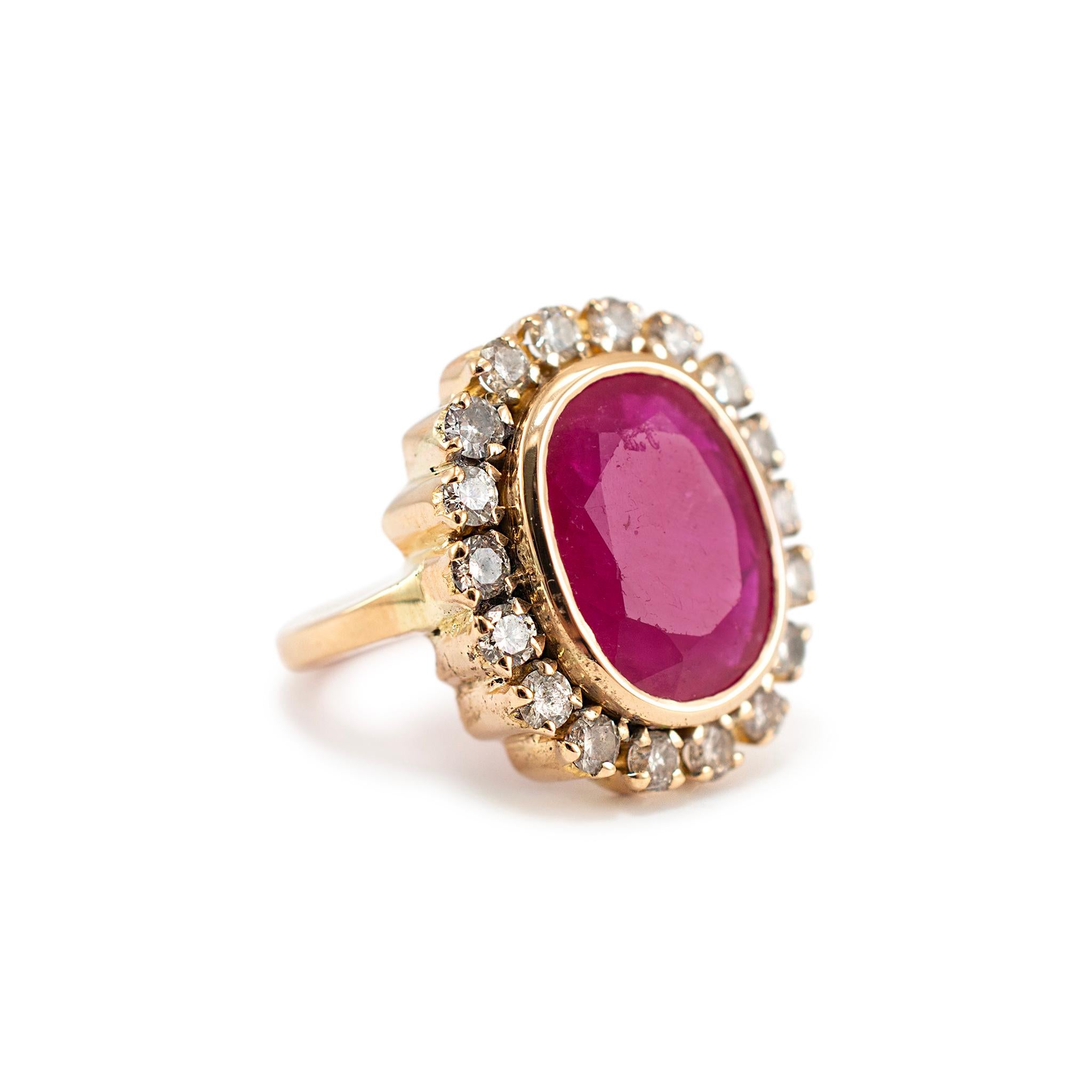 Vintage 18K Yellow Gold Oval Ruby Halo Diamond Cocktail Ring In Excellent Condition In Houston, TX