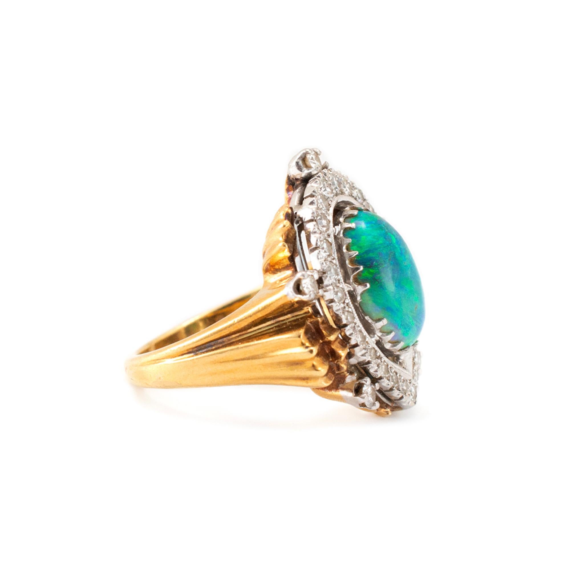 Oval Cut Vintage 18K Yellow Gold & Palladium Australian Opal Halo Diamond Cocktail Ring For Sale