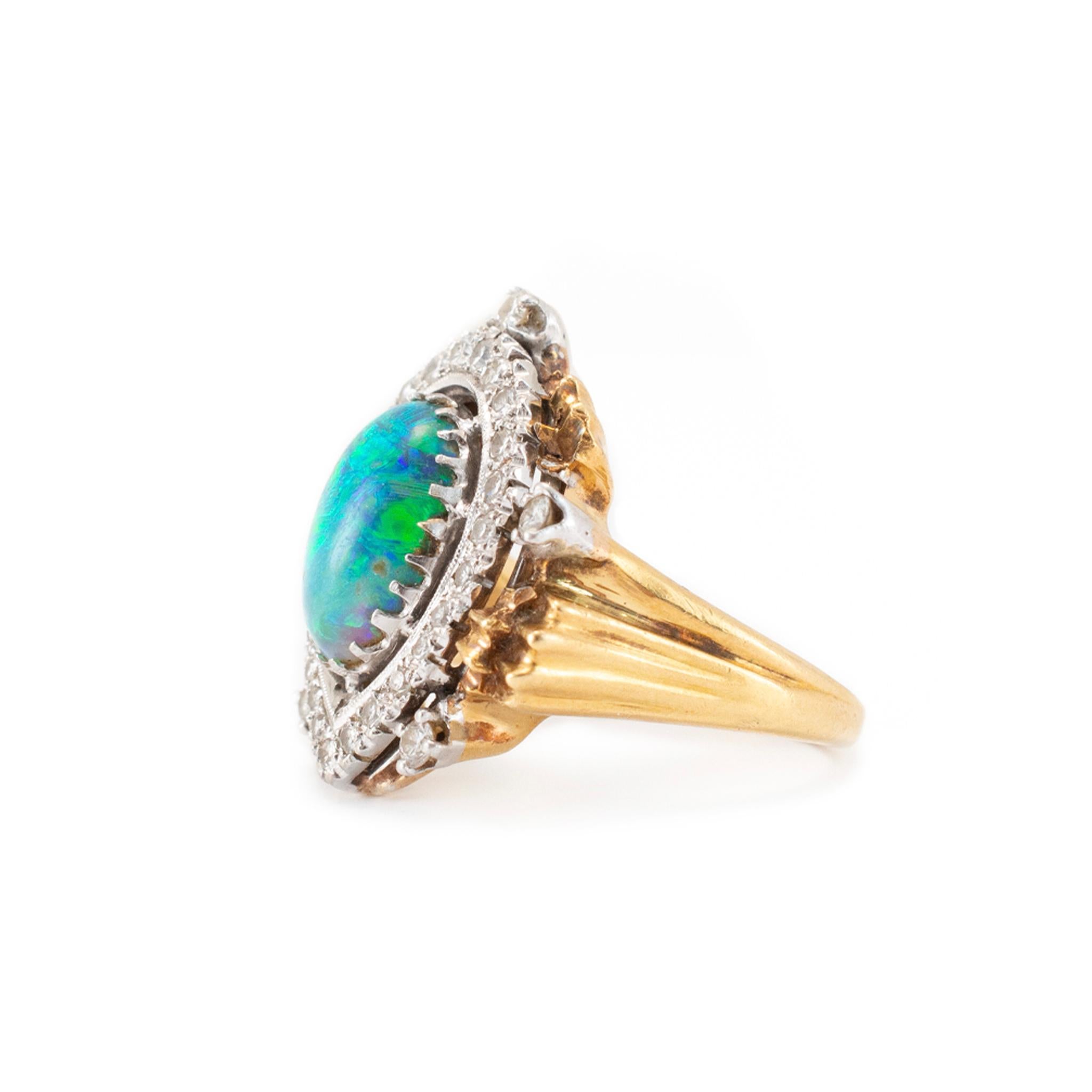 Vintage 18K Yellow Gold & Palladium Australian Opal Halo Diamond Cocktail Ring In Excellent Condition For Sale In Houston, TX