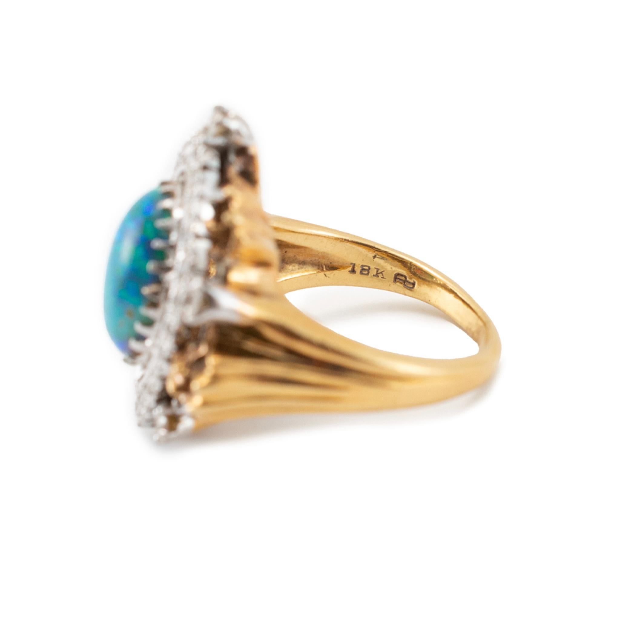 Vintage 18K Yellow Gold & Palladium Australian Opal Halo Diamond Cocktail Ring For Sale 1