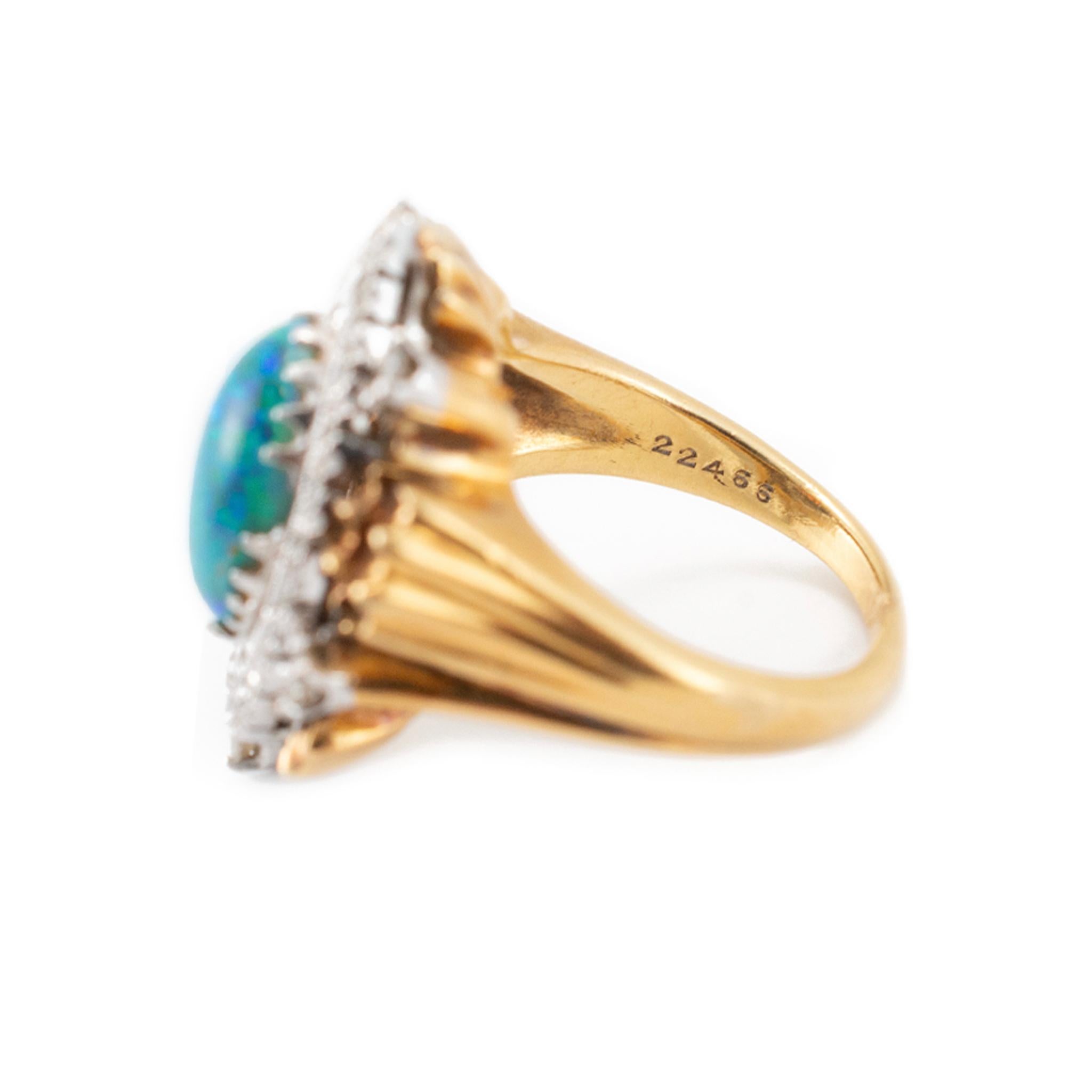 Vintage 18K Yellow Gold & Palladium Australian Opal Halo Diamond Cocktail Ring For Sale 2