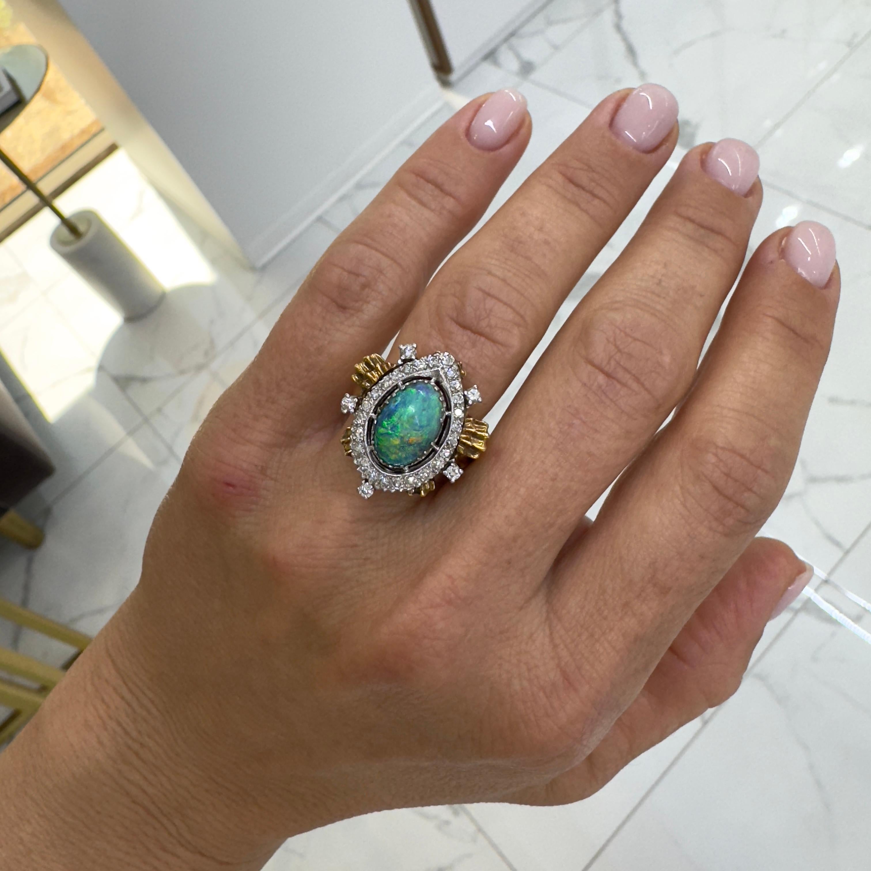 Vintage 18K Yellow Gold & Palladium Australian Opal Halo Diamond Cocktail Ring For Sale 4