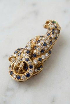 Vintage 18k Yellow Gold Panther Brooch with Diamonds, Sapphires and Emerald