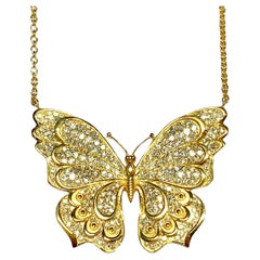 Vintage 18K Yellow Gold Pave Diamond Butterfly Necklace