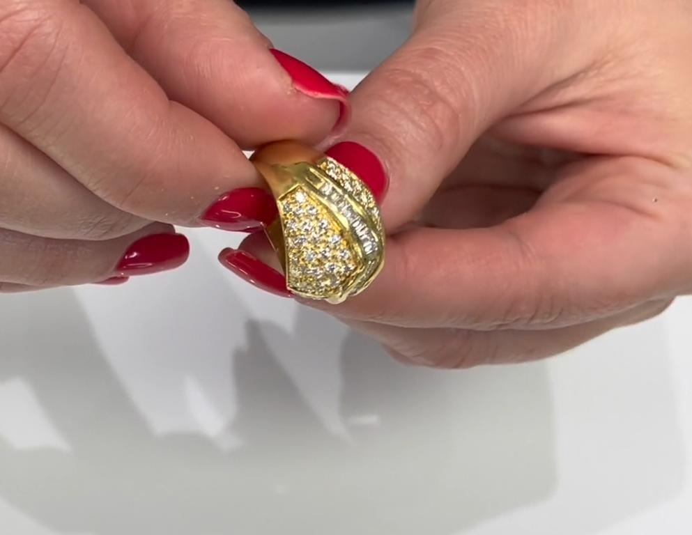 Vintage 18k Yellow Gold Pave Dome Diamond Ring with Geometric Row of Baguettes For Sale 1
