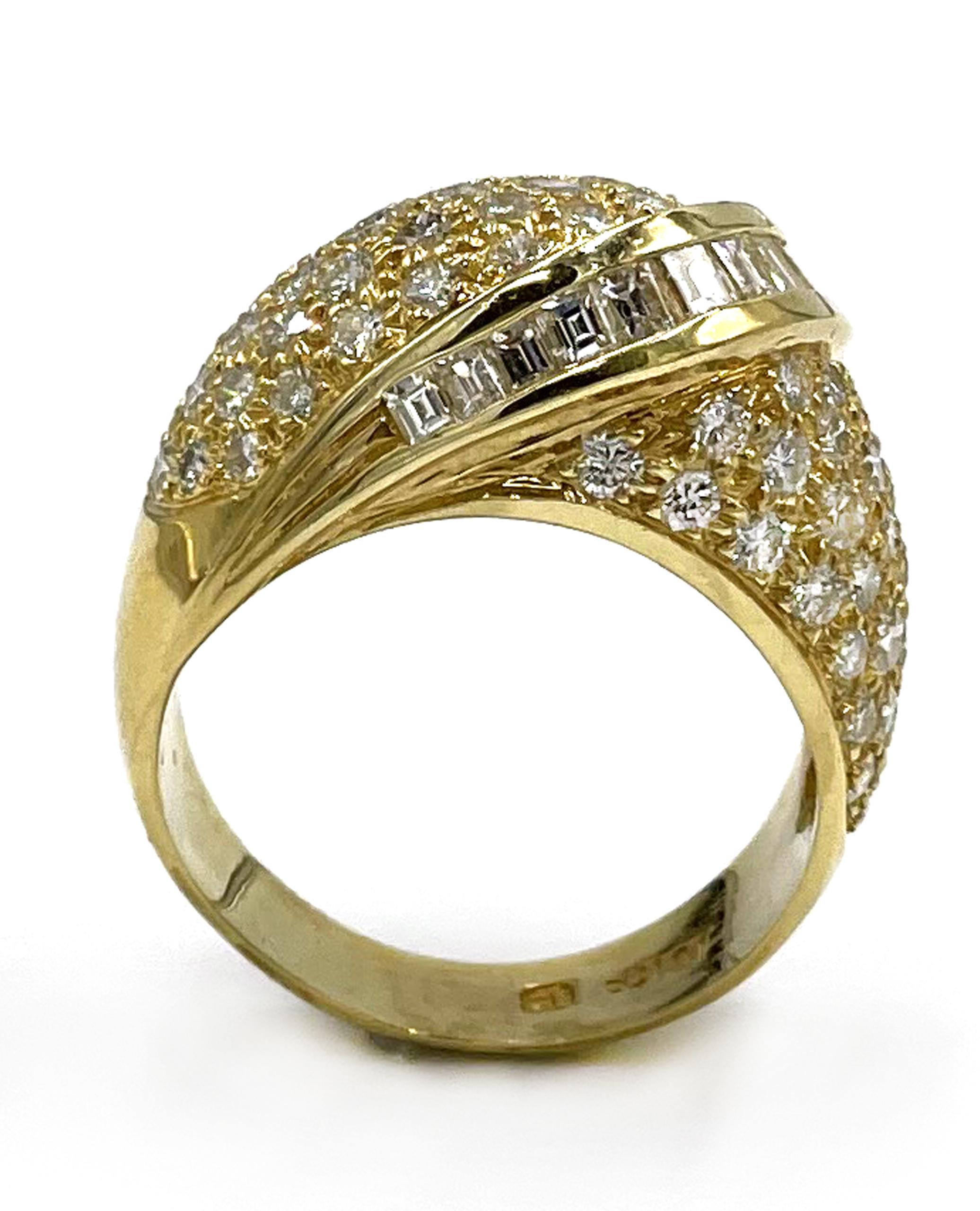 Baguette Cut Vintage 18k Yellow Gold Pave Dome Diamond Ring with Round and Baguettes For Sale