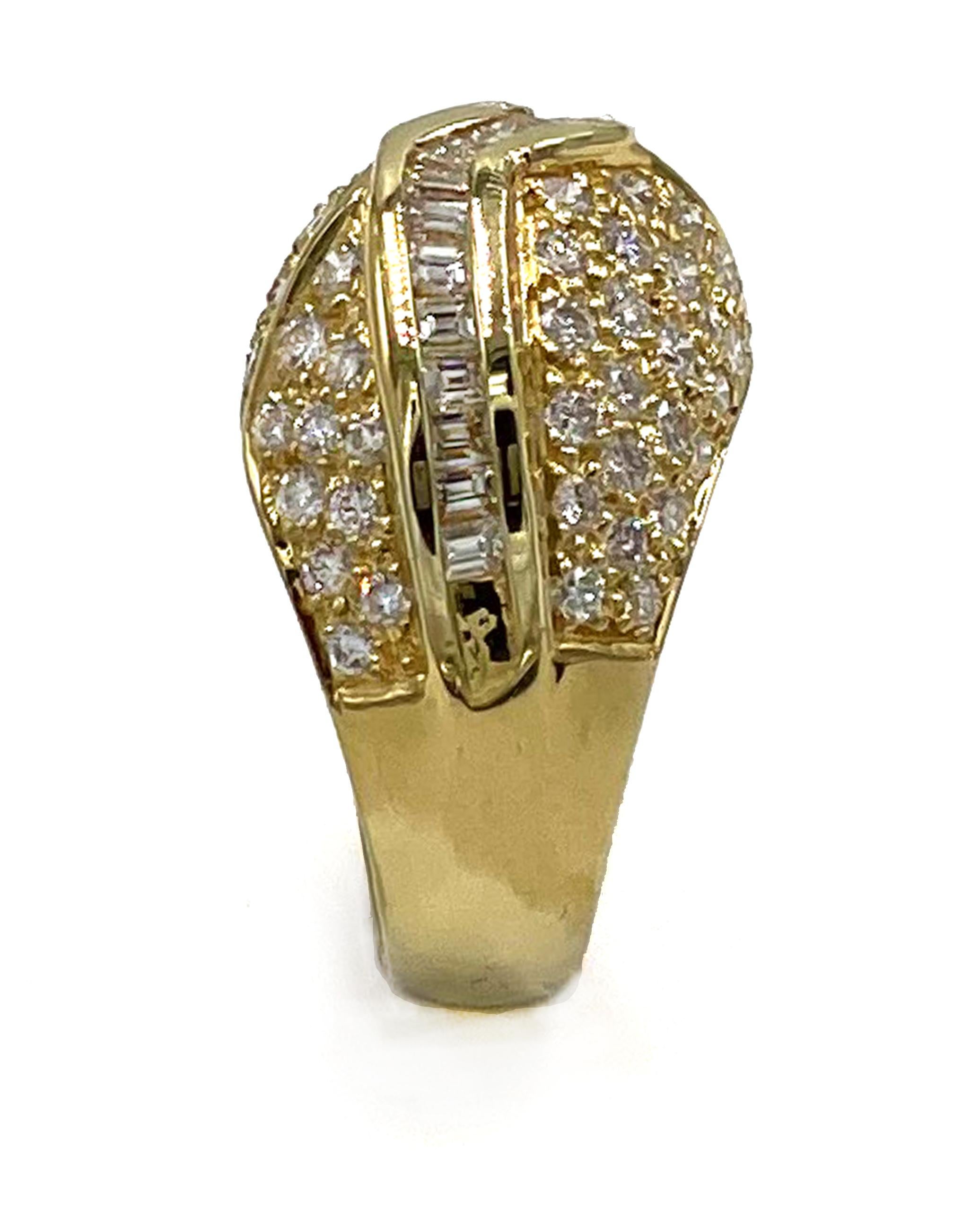 Vintage 18K yellow gold ring with 32 baguette diamonds and 64 round diamonds, all totaling 1.90 carats. G/H color, VS clarity. (Created circa 1985)

-Finger size: 6.25