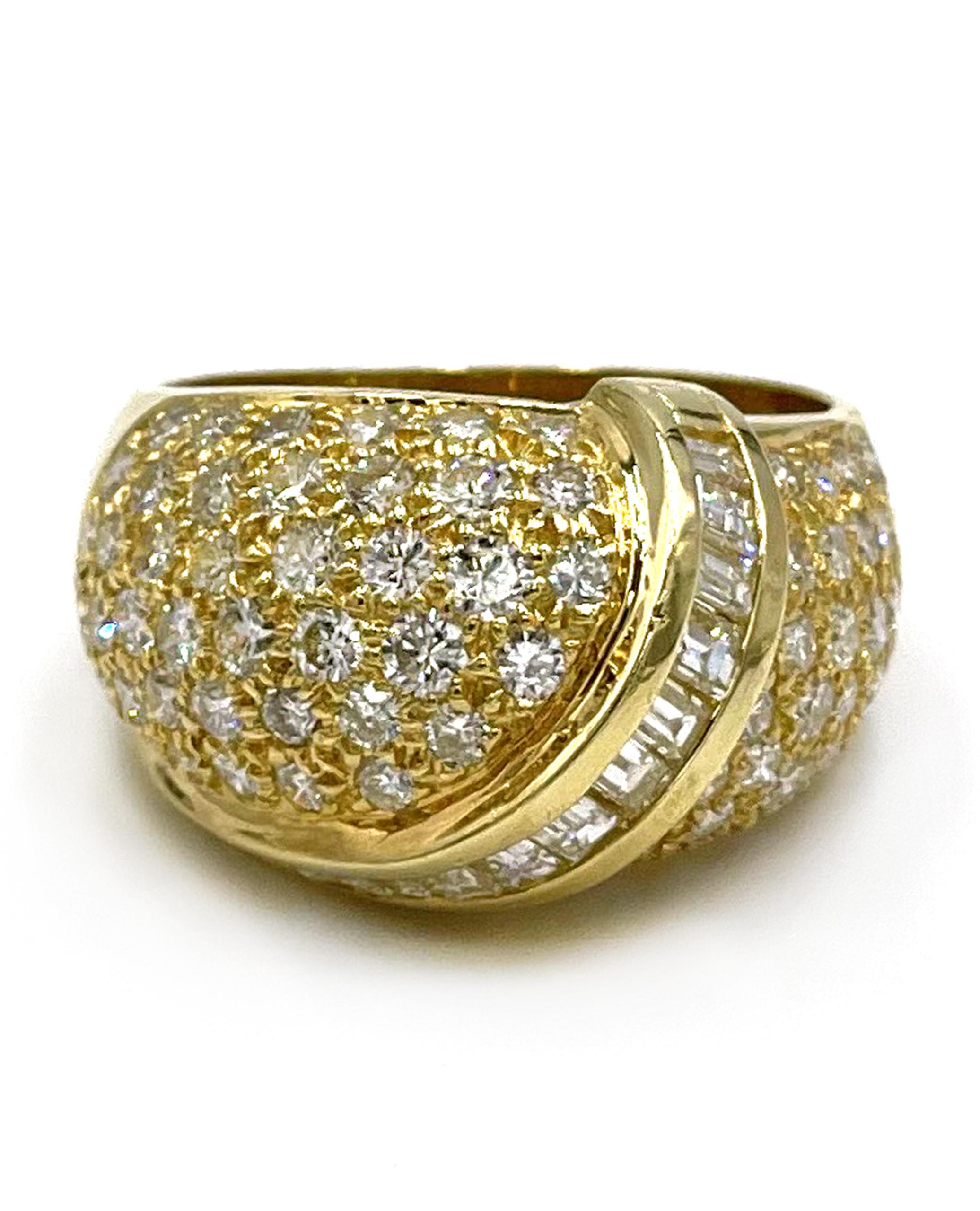 Women's Vintage 18k Yellow Gold Pave Dome Diamond Ring with Round and Baguettes For Sale
