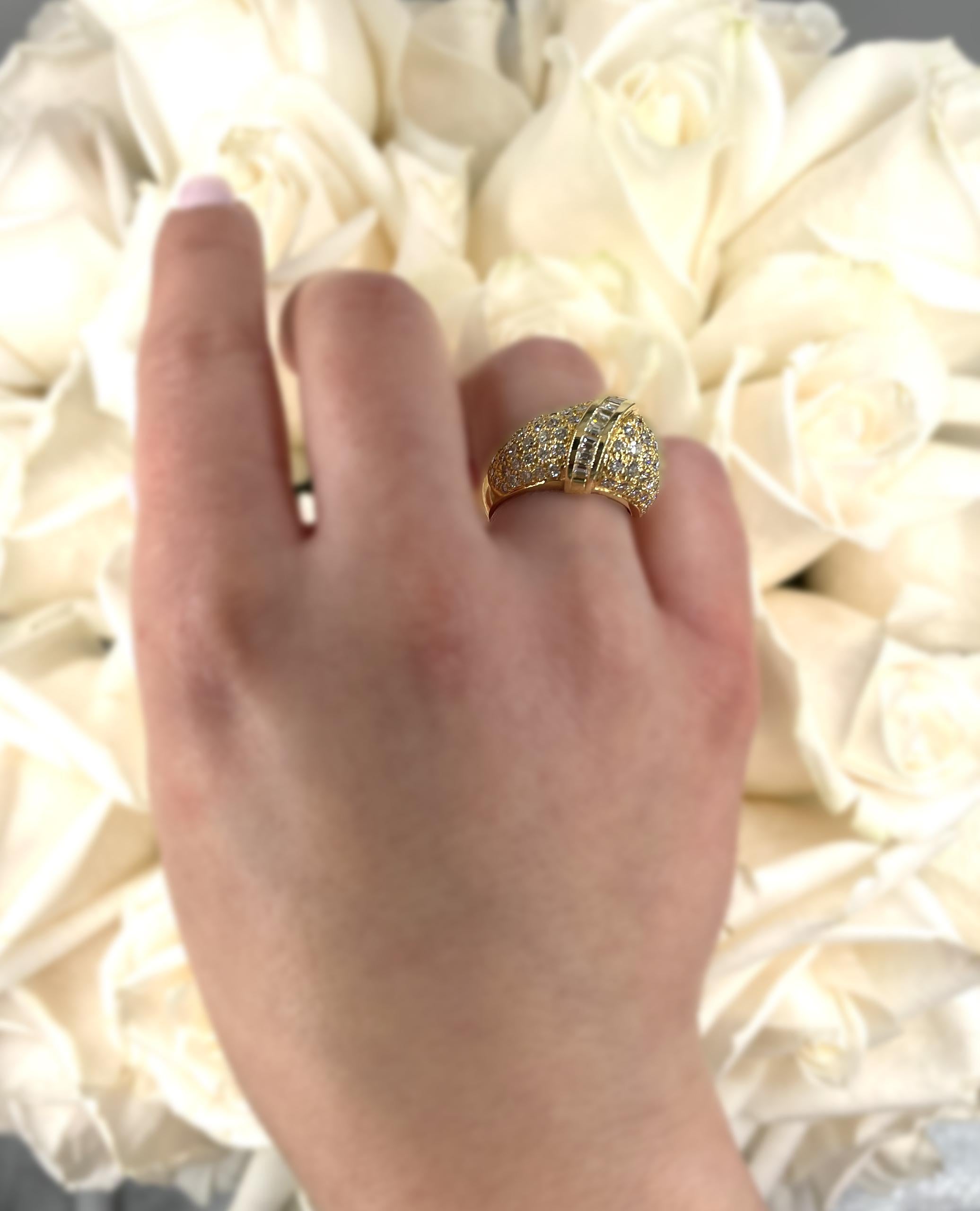 Vintage 18k Yellow Gold Pave Dome Diamond Ring with Round and Baguettes For Sale 1