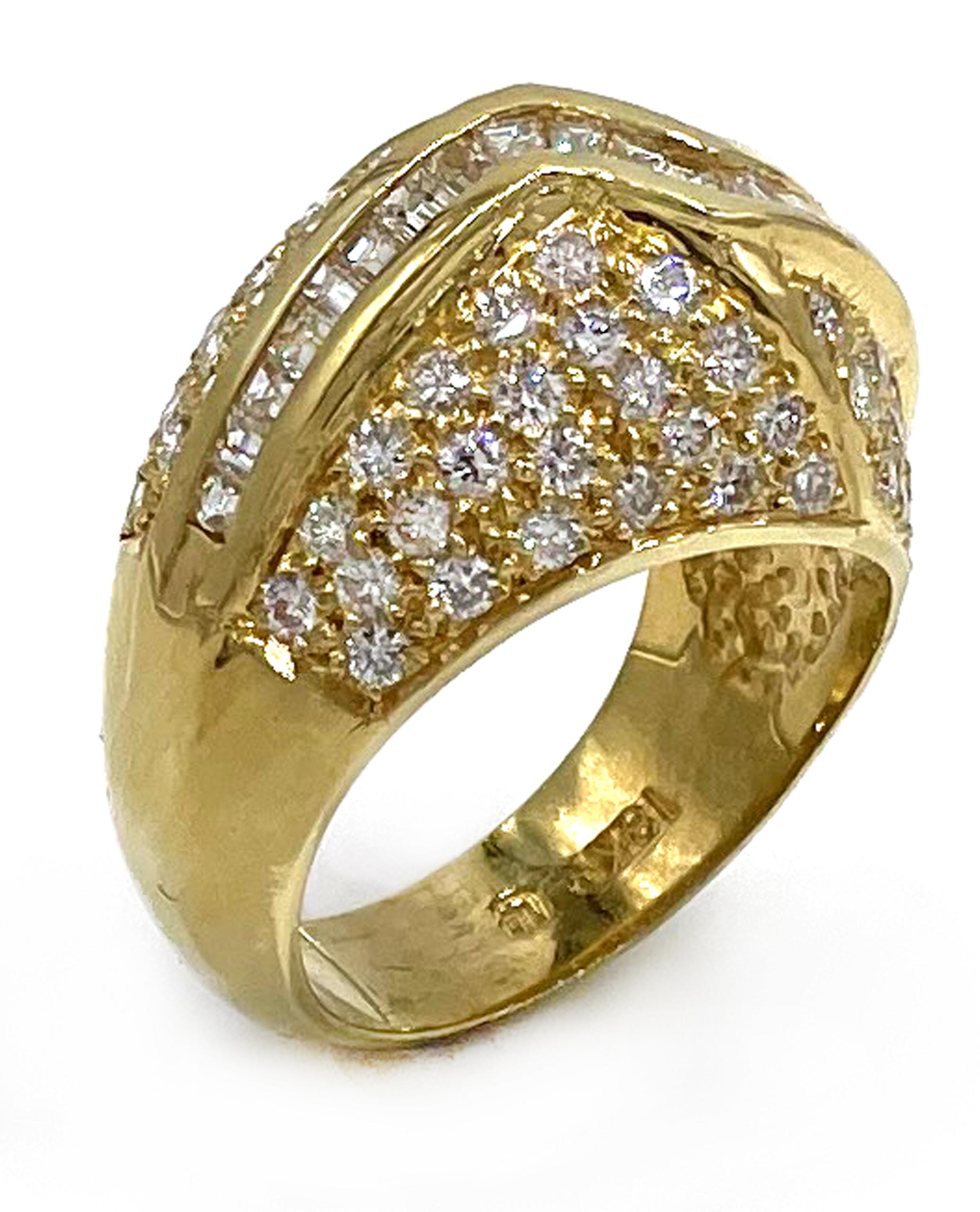 Baguette Cut Vintage 18k Yellow Gold Pave Dome Ring, Circa 1985 For Sale