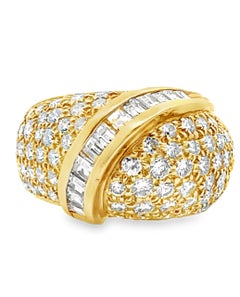 Vintage 18k Yellow Gold Pavé Dome Shield Ring, Round & Baguette 2.65 Ct Diamonds