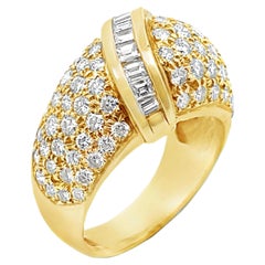 Vintage 18k Yellow Gold Pavé Dome Shield Ring, Round & Baguette 2.65 Ct Diamonds