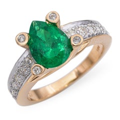Vintage 18k Yellow Gold Pear Shaped Emerald and Diamond Ring