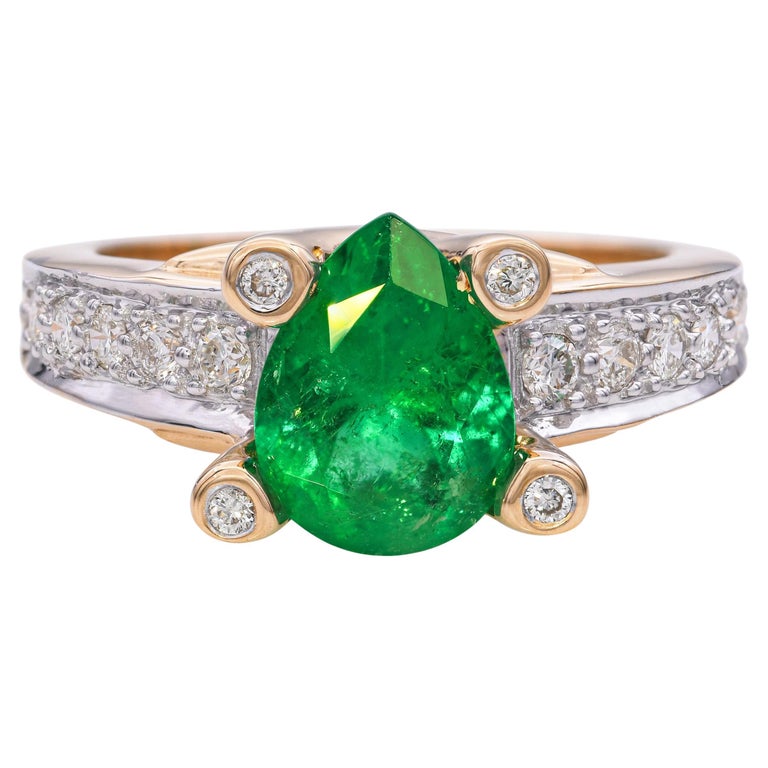 Vintage 18k Yellow Gold Pear Shaped Emerald and Diamond Ring For
