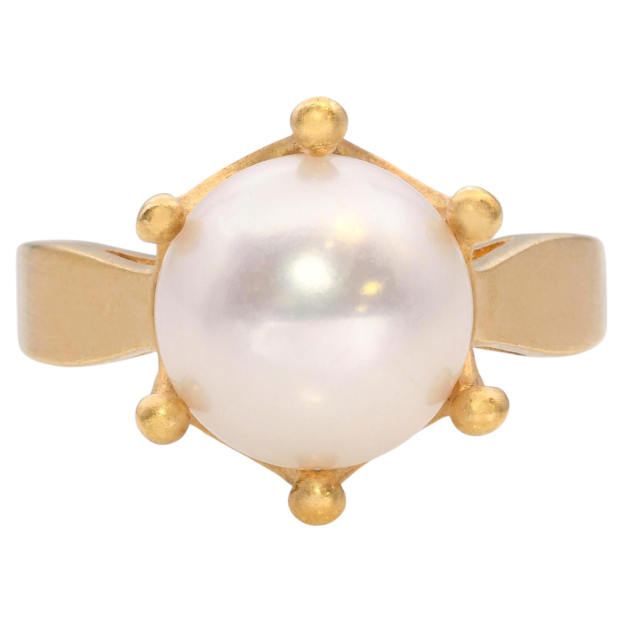 Vintage-Ring aus 18-karätigem Gelbgold mit einer 10-mm-Perle