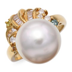 Vintage 18k Yellow Gold Pearl and Colored Diamond Ring