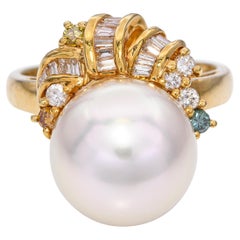 Vintage 18k Yellow Gold Pearl and Colored Diamond Ring
