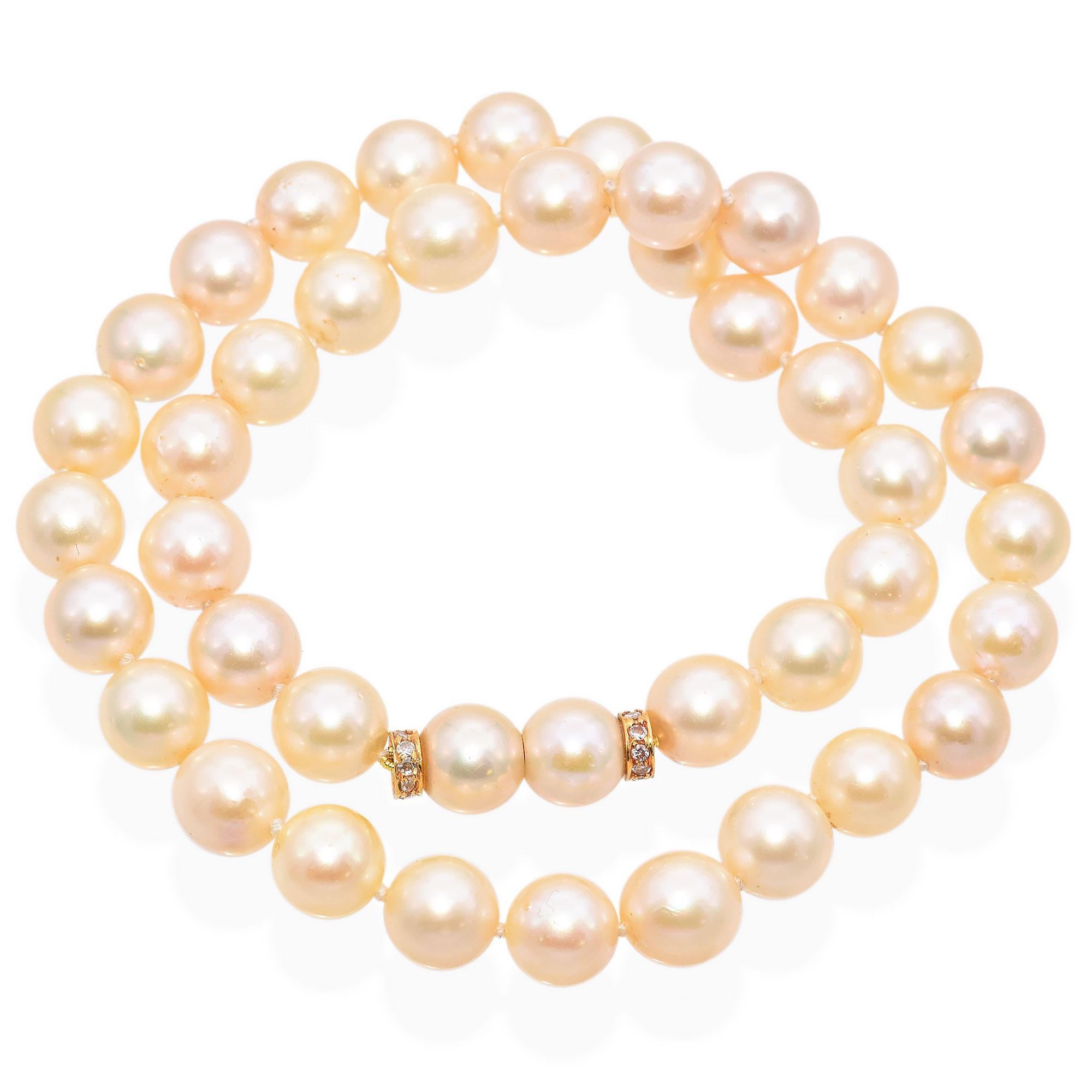Uncut Vintage 18K Yellow Gold Pearl and Diamond Rondelle Necklace For Sale