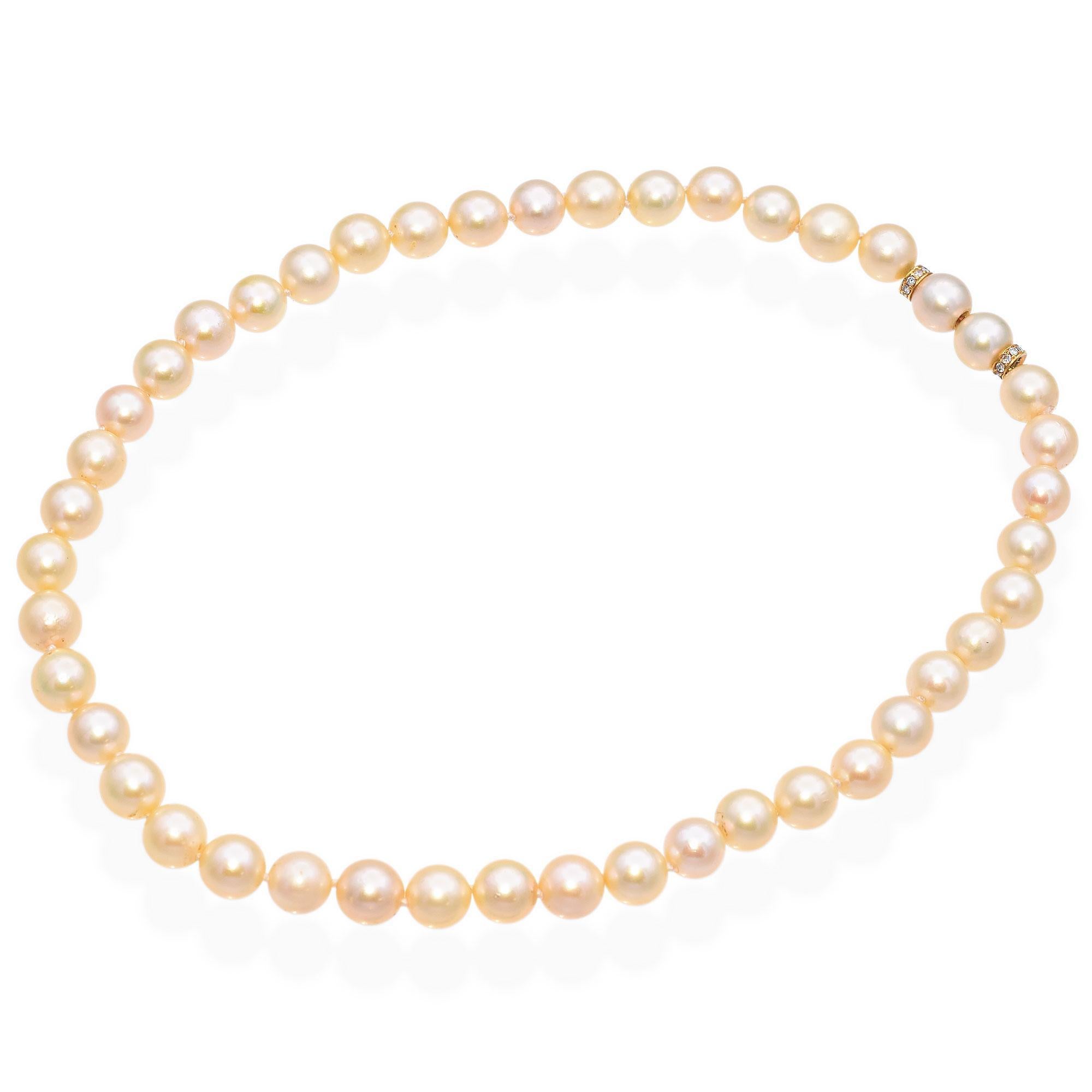 Uncut Vintage 18K Yellow Gold Pearl and Diamond Rondelle Necklace For Sale