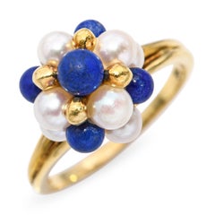 Vintage 18k Yellow Gold Pearl and Lapis Cluster Ring